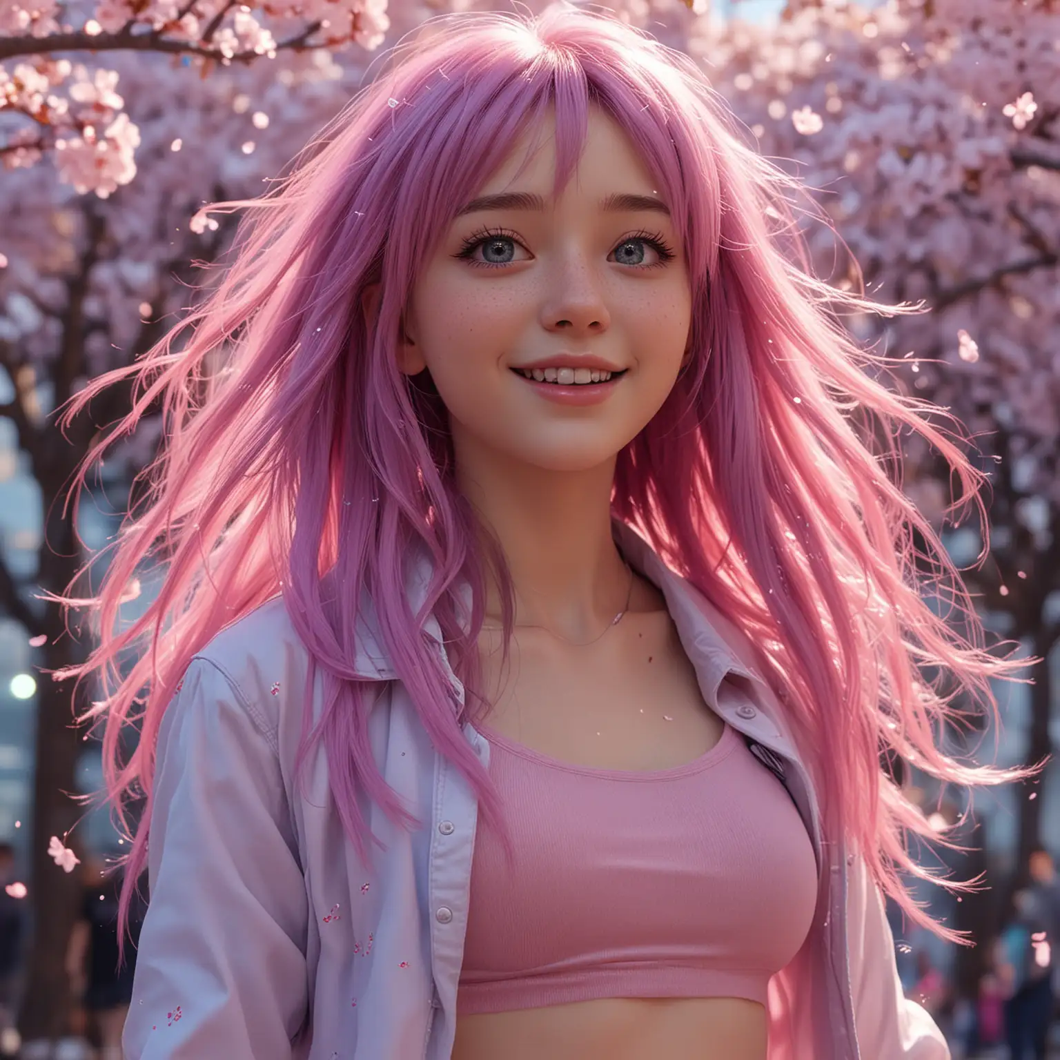 fluffy hair,long floating hair,(super long hair),shiny pink hair,shiny hair,1 girl,alone,long hair,blue eyes,(pink hair),pink hair,looking at the audience,smiling,make-up face prints,purple hair,colored hair,thighs,outdoors,full body ((masterpiece)),(((best quality))),((ultra-detailed)),((illustration)),A lot of waving glow sticks,Stage,Concert,(solo),1 girl,((singing)),headset,(leaning_forward:1.2),(arms_back),((extremely_detailed_eyes_and_face)),colorful,Tokyo Dome,ray tracing,(disheveled hair),cherry_blossoms,petals,Flying notes, 4k,8k, fine detail, Ultra high resolution, best quality, HD, intricate detail, large file size, amazing