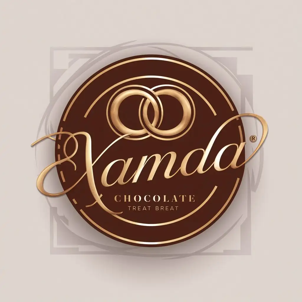 a logo design,with the text "Xamda", main symbol:2 circle logo with the logo name inside. The outer circle must in dark brown color and the inner colour-Gold. Sophisticated design  for chocolate treats,complex,clear background