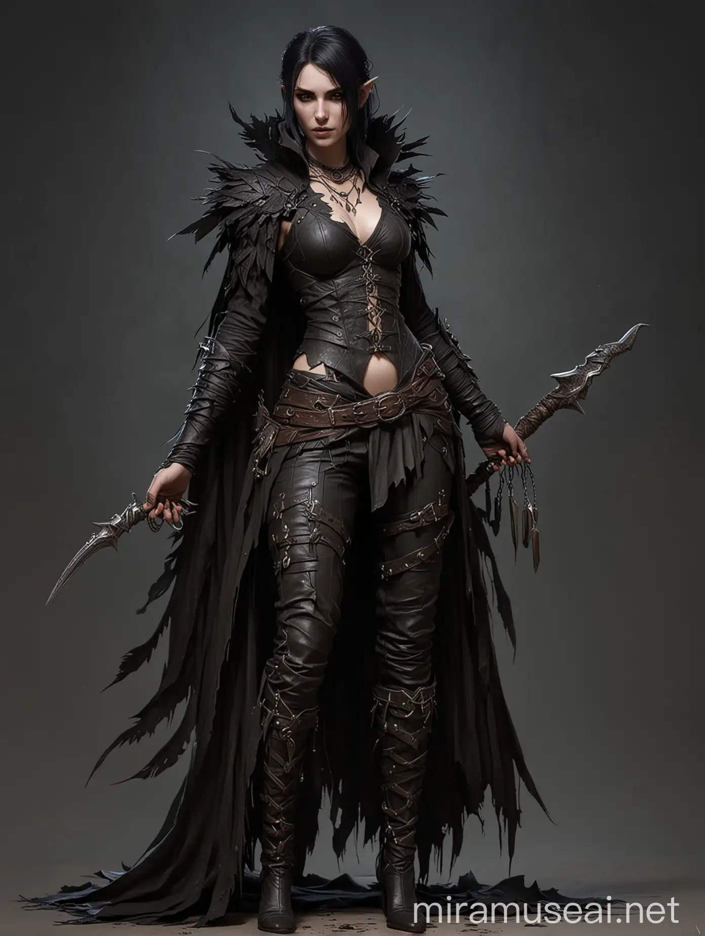 Dark druid, morrigan dragon age, torn clothes, fantasy character design, louis royo style, fullbody, goth clothes, yennefer