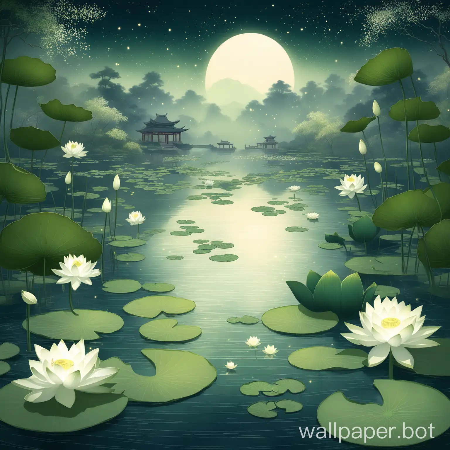 Design a serene and artistic wallpaper depicting a tranquil water garden. The background should be a deep, calming blend of green and dark blue tones. Include several large, overlapping lily pads with intricate textures and shades of green. Add elegant white lotus flowers with soft yellow centers, some fully bloomed and others as closed buds, artfully distributed across the lily pads. Incorporate subtle, glowing particles in the air to enhance the mystical ambiance. The overall style should reflect traditional Asian art, focusing on tranquility and natural beauty