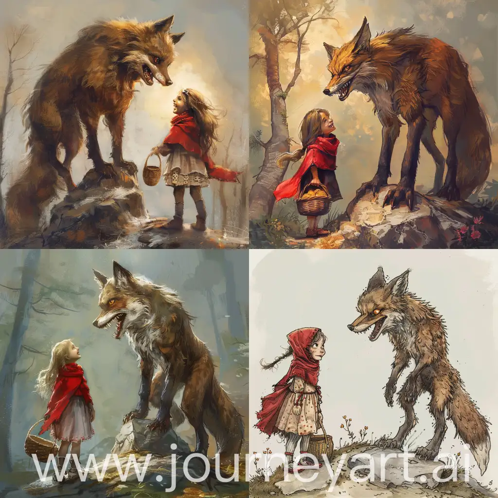 Grinning-Werewolf-Fox-Stands-on-Rock-Gazing-at-Little-Girl-in-Red-Scarf-with-Basket