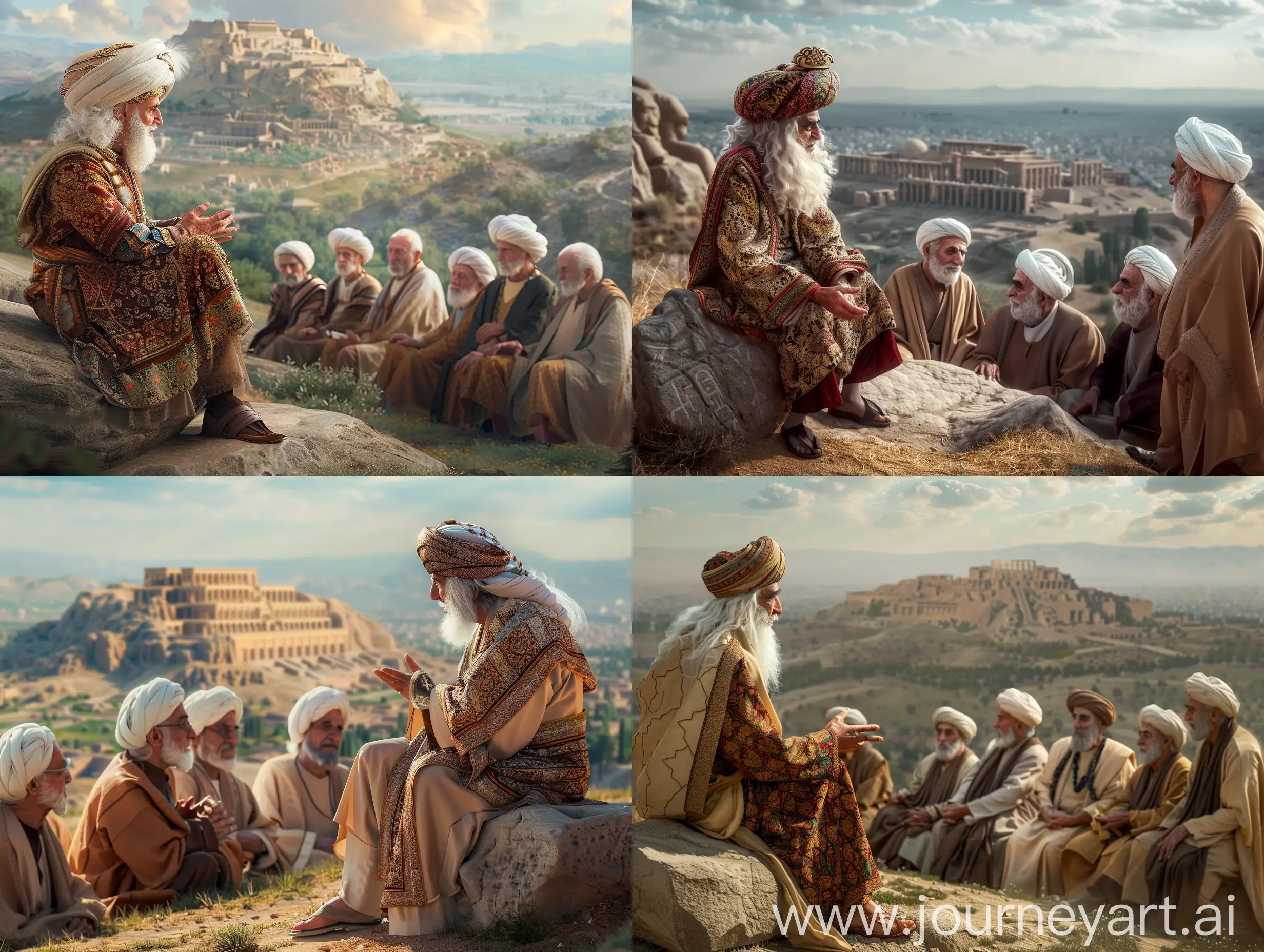 Elderly-Persian-Tribal-Leaders-Discussing-with-WhiteHaired-Man-at-Parthian-Empire-Overlooking-Persepolis