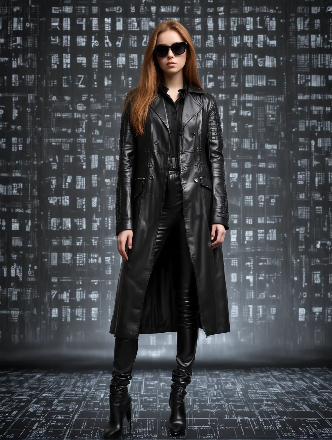 Девушка с длинными каштановыми волосами, в длинном черном кожаном плаще, в полный рост, в черных солнцезащитных очках на фоне цифрового кода в стиле Матрицы