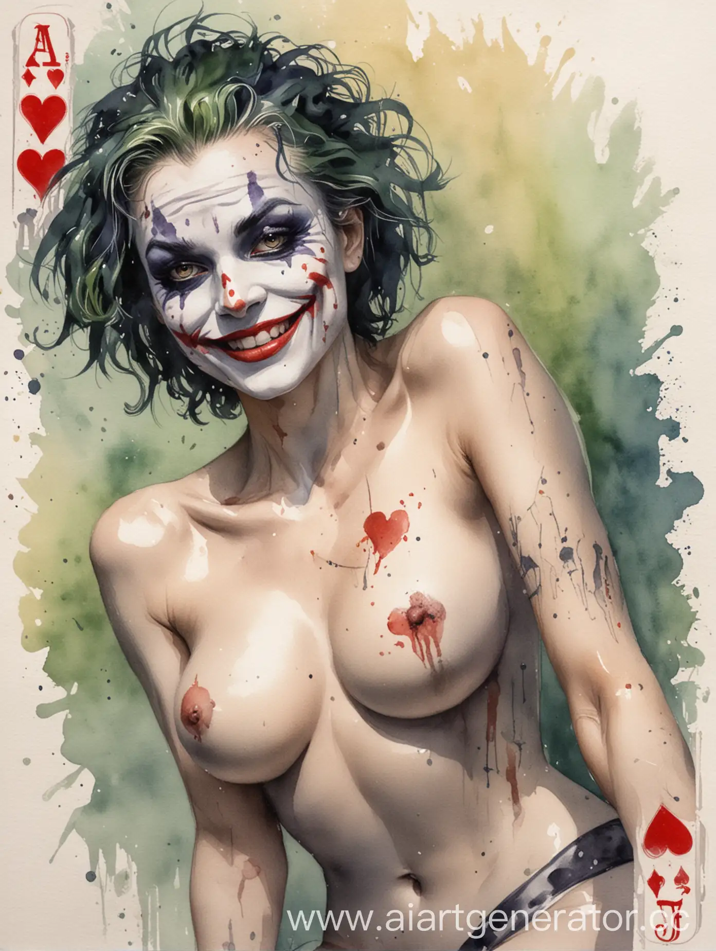 Erotic-Watercolor-Painting-Naked-Woman-Joker-with-Cheerful-Pose