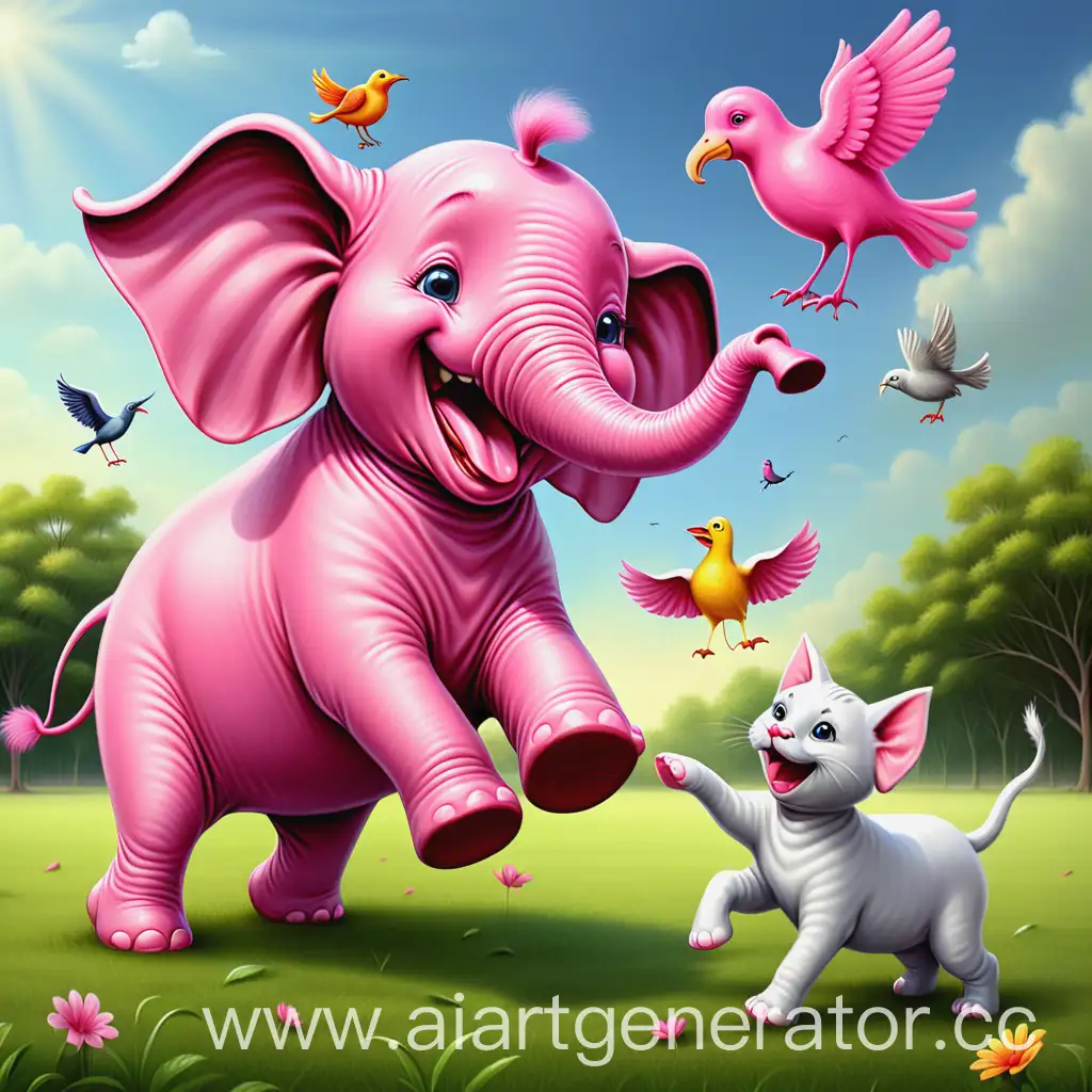На картинке на поле изображена играющая веселая собака, большой розовый слон, птица, кошка