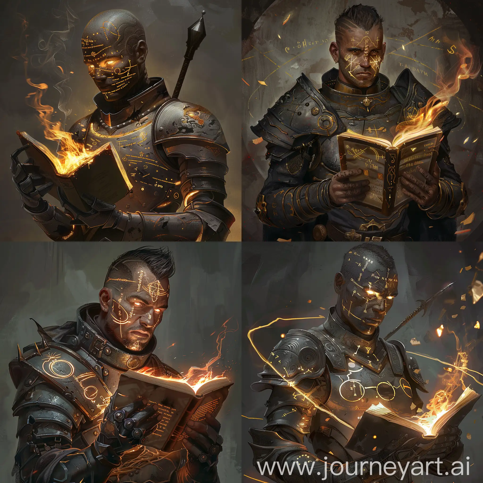 Warrior-with-Glowing-Latin-Text-Tattoos-Wielding-Burning-Book-and-Mace