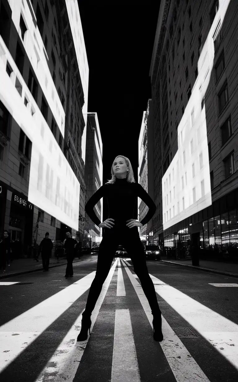 A black and white photograph of Tree, in the style of street photography, with light projections casting bold shadows. The contrast between her dark attire and the stark background creates a striking visual impact. Her pose is dynamic yet confident, embodying strength amid simplicity, buildings, wide angle