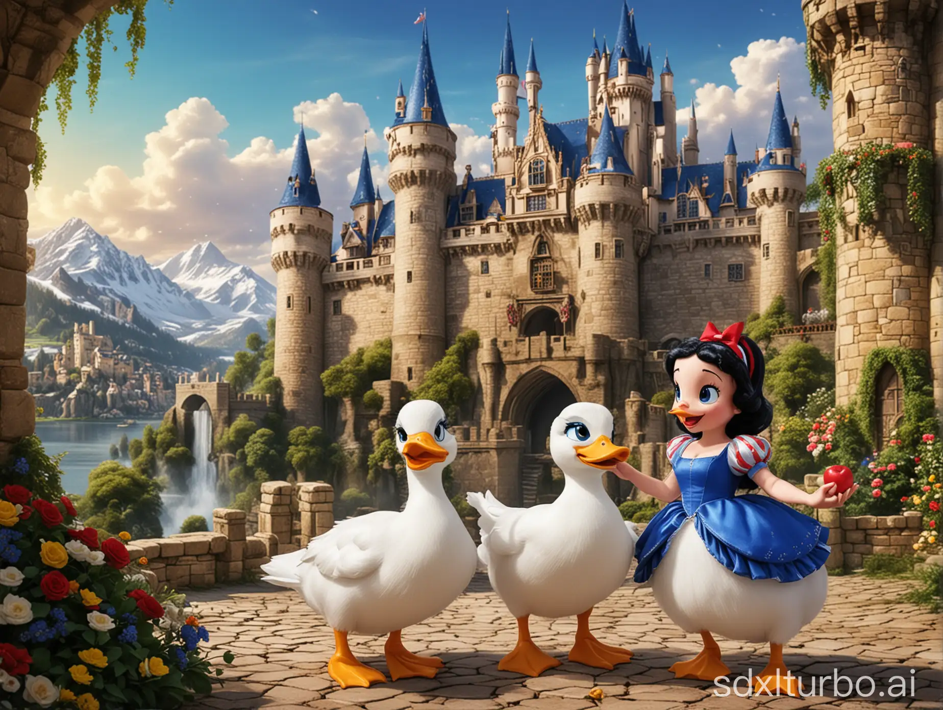 Canreach-Duck-and-Snow-White-in-Castle-Courtyard