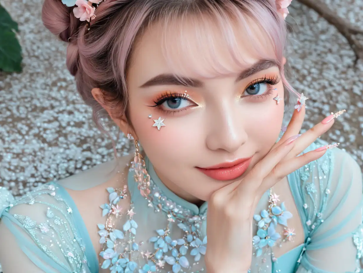 The image features an elf posing for a selfie. They have a youthful appearance and are dressed in a costume that invokes a fairy tale aesthetic. The costume is a delicate, pastel blue color with floral patterns and lace detailing, suggestive of a fantasy or historical theme. The person's hair is styled in a loose updo, adorned with pink flowers and decorative hair accessories that complement the outfit. They have bangs that frame their face. The makeup is striking, with long eyelashes and shimmering eyeshadow that includes star-like embellishments near the outer corners of the eyes, adding a touch of whimsy. The cheeks are lightly blushed, and the lips are tinted in a soft, natural hue. The individual is making a cute gesture with one hand placed near their face, which, along with the soft smile, adds to the playful, enchanting vibe of the photo. The background is magical forest