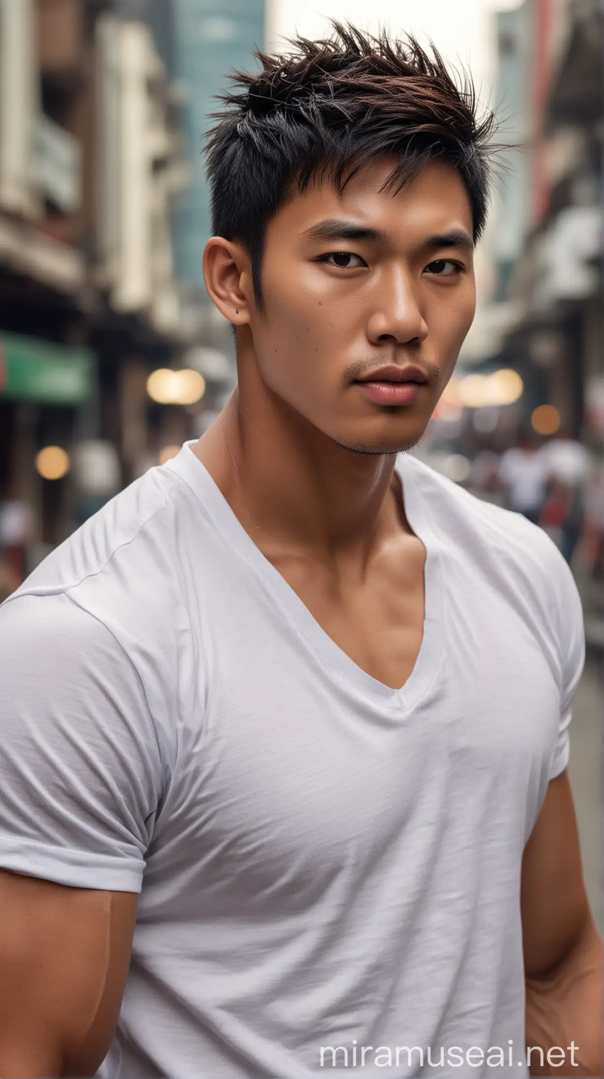 realistic photo extrem close up of an asian young handsome muscular man, fringe up stylish hair. with a typikal
Indonesian fave wearing (wearing white lithe a V-neck t-shirt which has dark color also on t-shirt. t-shirt have reverse color differences, Facebook facing side cool posing at the camera. Jakarta city street background
