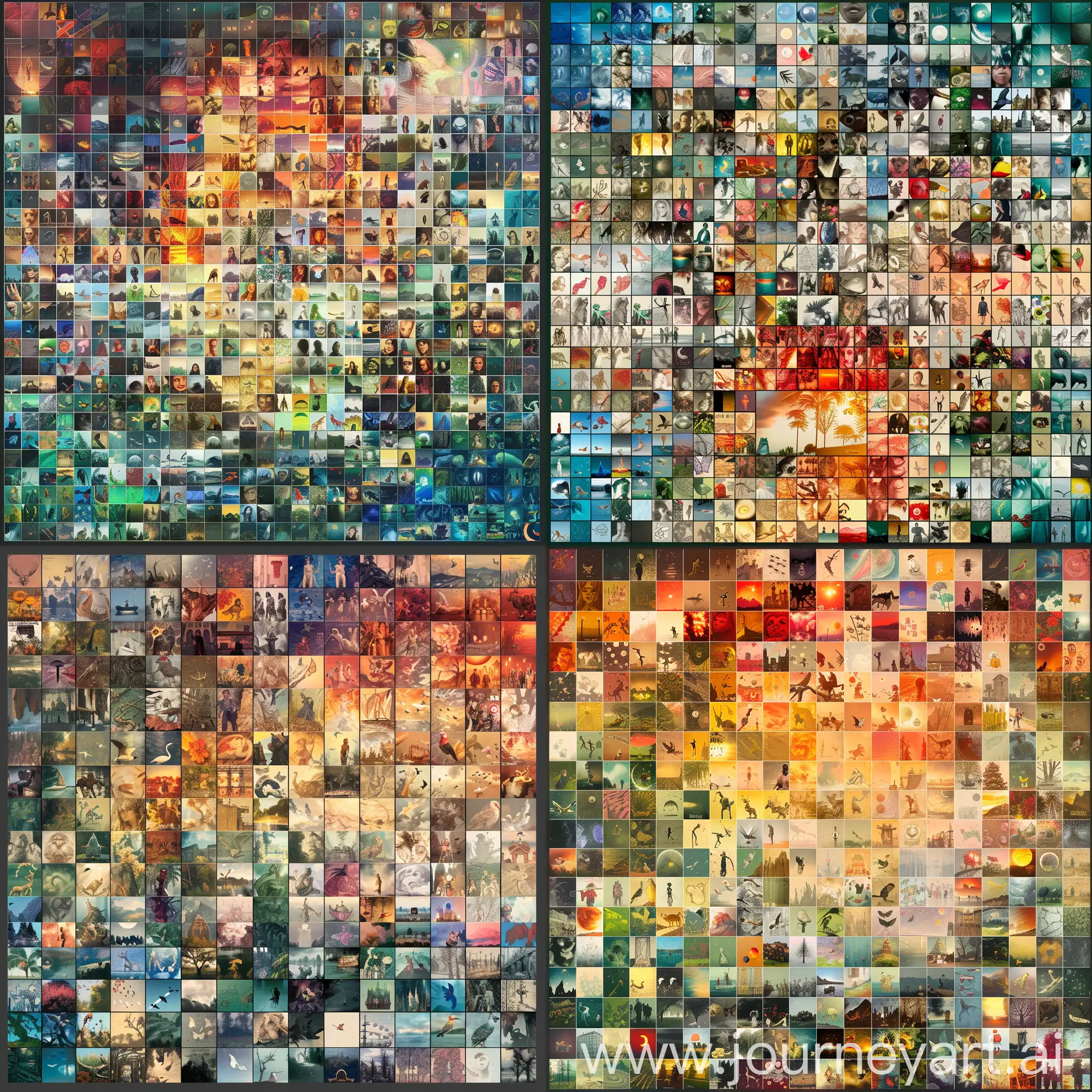 **Prompt:**  "Create a single high-resolution image composed of 1000 smaller individual pictures arranged in a grid pattern. Each smaller picture should be distinct and unique, featuring a variety of subjects, colors, and styles. The overall composition should form a visually appealing mosaic that is harmonious and balanced. Ensure the resolution of each smaller picture is high enough to maintain clarity and detail when viewed individually, while also contributing to the overall aesthetic of the large image. The final image should be suitable for both digital display and print."