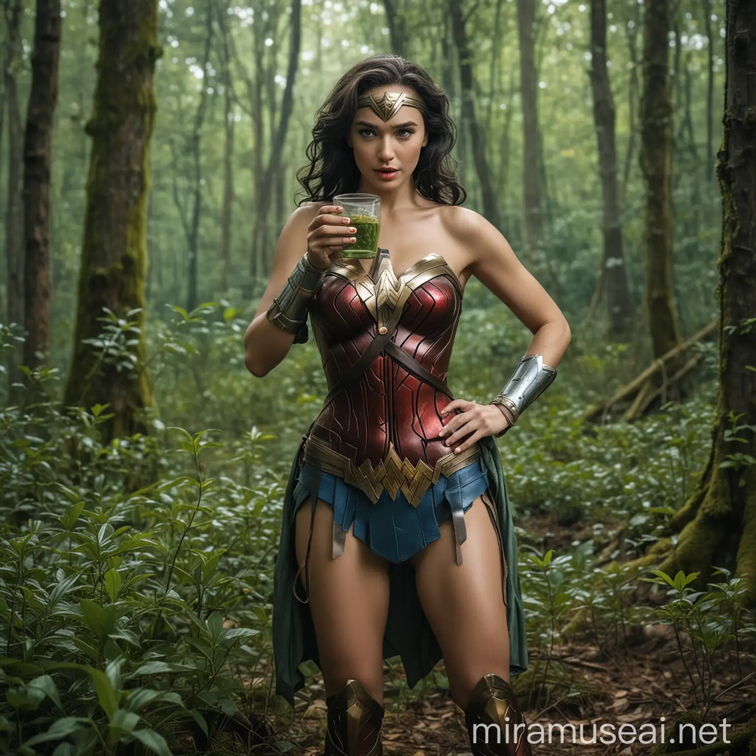 Wonder Woman Drinking Green Tea in Enchanted Forest