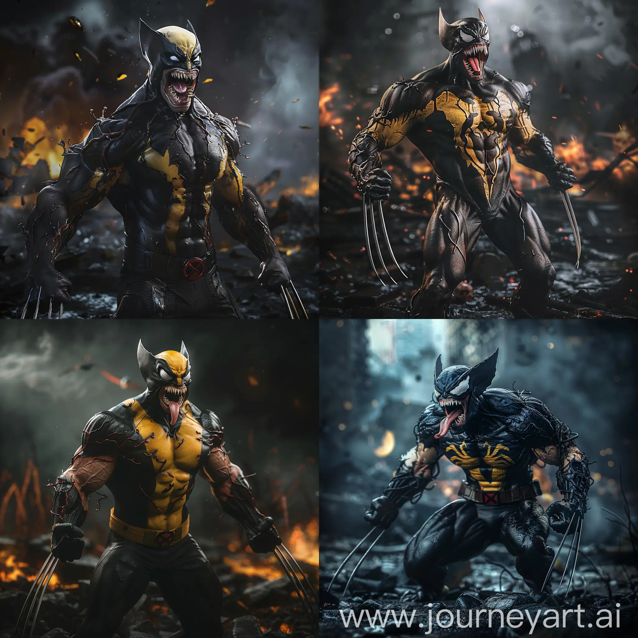 Dynamic pose, Wolverine from Marvel as venom from Marvel, looking into the camera, open mouth, hell on the background, angry and gloomy look, standing half-side, full body pose, realism, ultra detail dark background with destruction, cinematic, 8k, hd