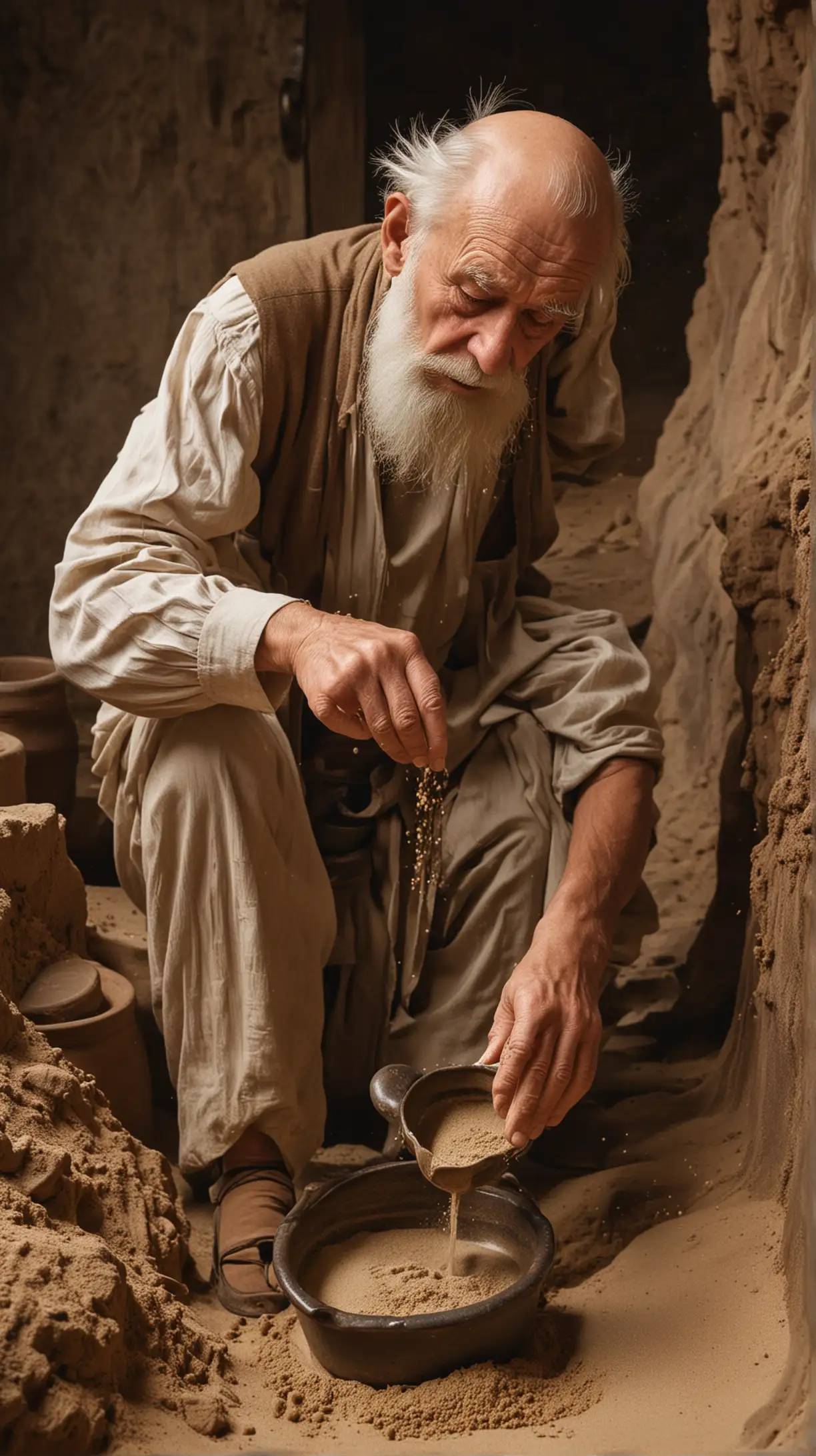A wise old man pours fine sand into a jug full to the brim, the sand falls through his fingers