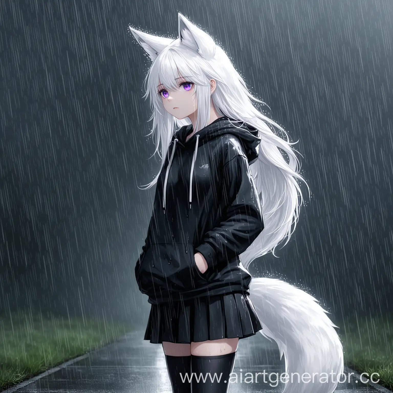 WhiteHaired-Girl-with-Fox-Ears-in-Black-Hoodie-Embraces-Rain