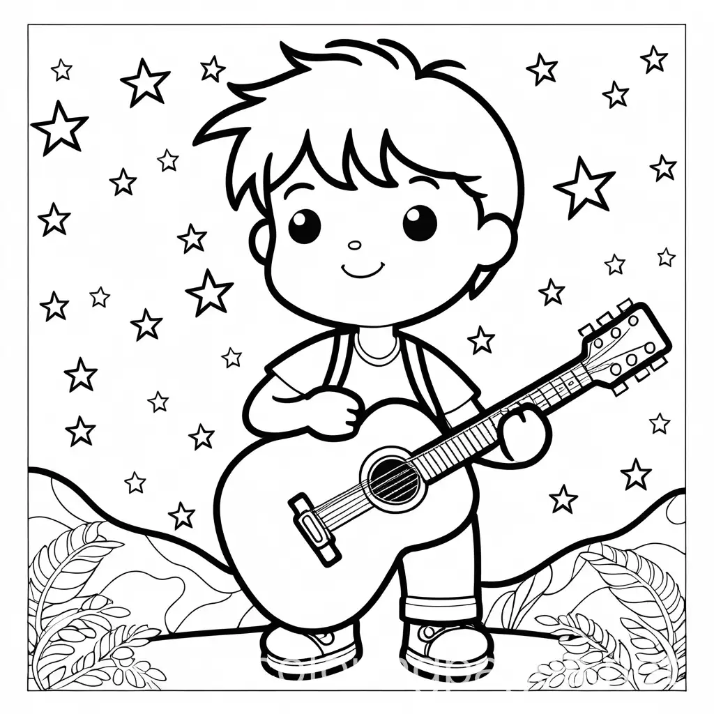 a little boy dreaming of becoming a rock star, Coloring Page, black and white, line art, white background, Simplicity, Ample White Space. The background of the coloring page is plain white to facilitate young children to color within the lines. The outlines of all the subjects are easy to distinguish, making it simple for children to color without too much difficulty