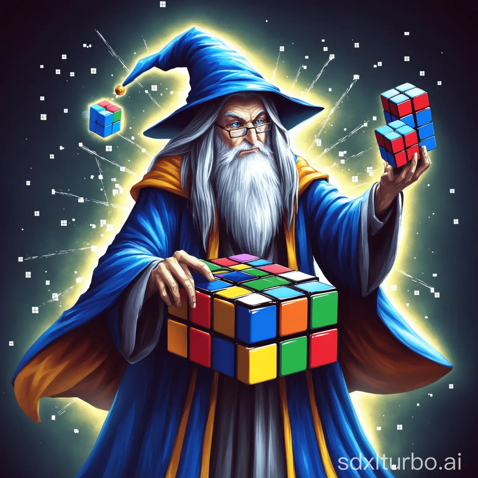 powerful wizard solving a rubix  cube