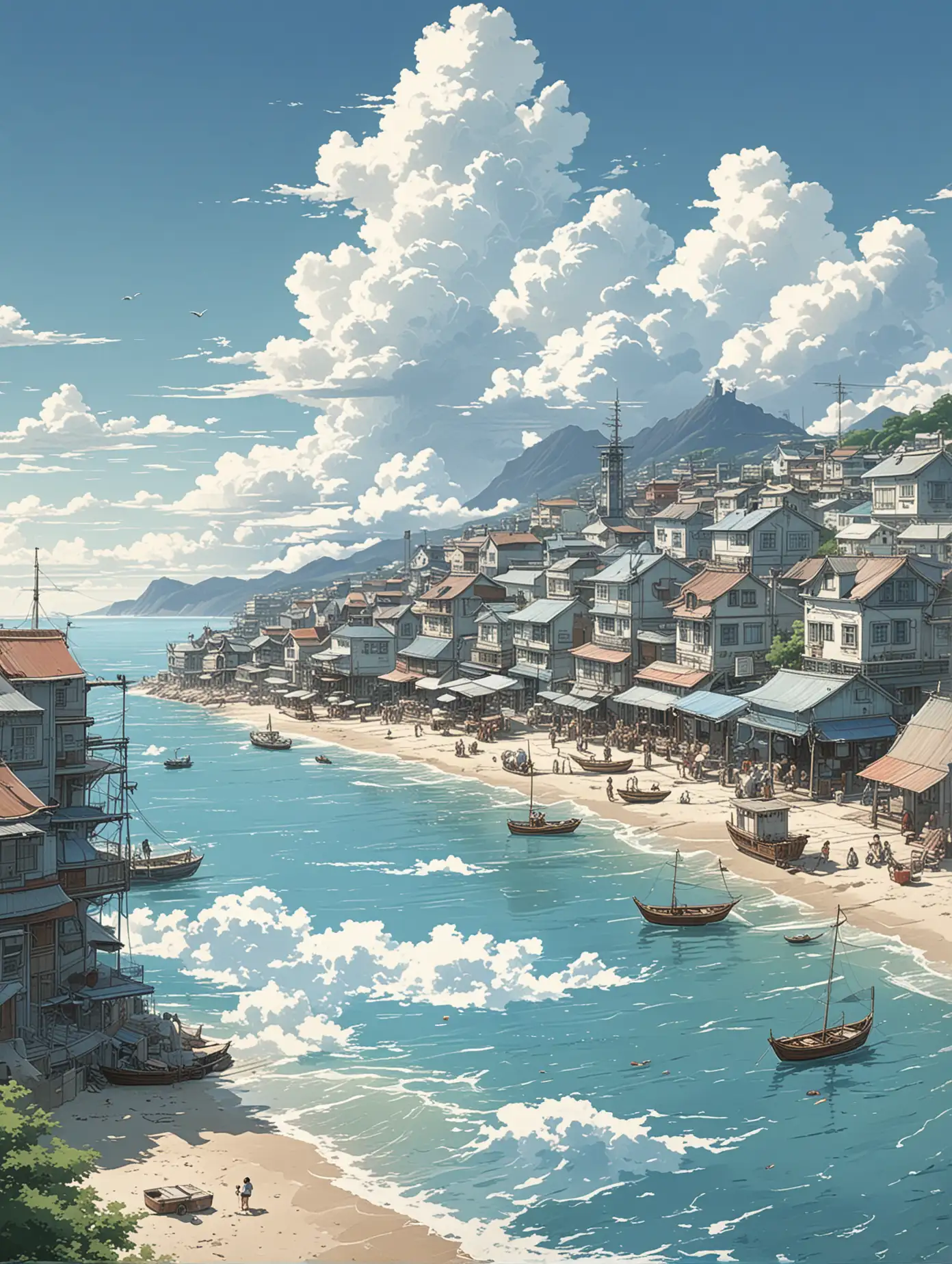Miyazaki Hayao style, blueprint, white clouds, seaside city, summer day