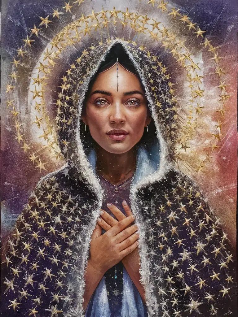 A mixed media of an ethnic woman wearing a cloak made of stars, symbolizing divine mystery, guidance, and the vastness of God's creation. within.