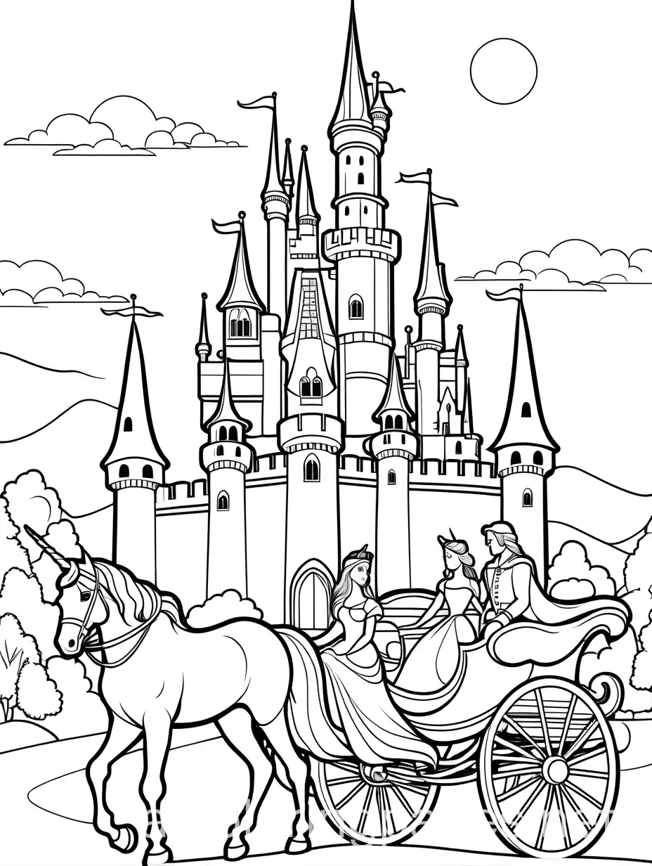 Princess and prince with a castle, carriage, unicorn, Coloring Page, black and white, line art, white background, Simplicity, Ample White Space. The background of the coloring page is plain white to make it easy for young children to color within the lines. The outlines of all the subjects are easy to distinguish, making it simple for kids to color without too much difficulty