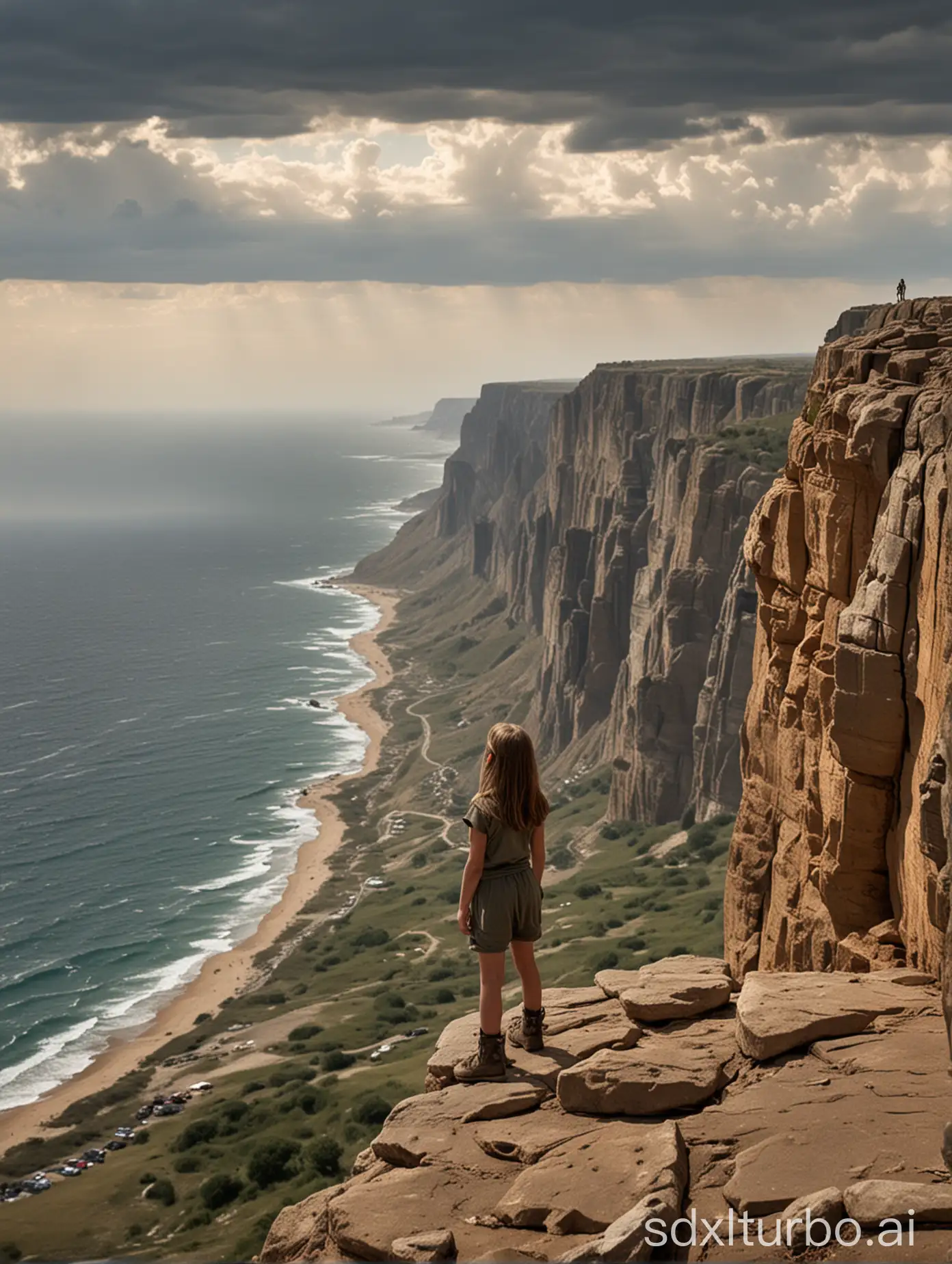 A girl stood atop a cliff looking at the fighters in the distance.