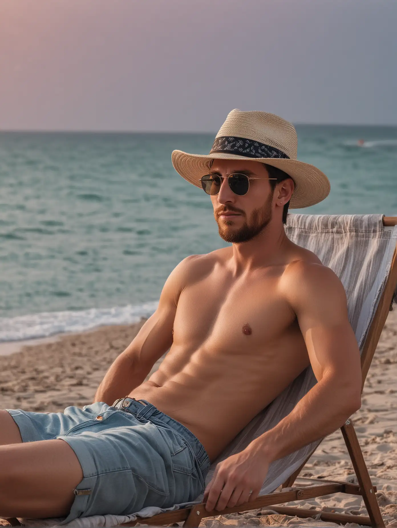 leonel messi relaxing on the beach twilight hat glasses. Long shot