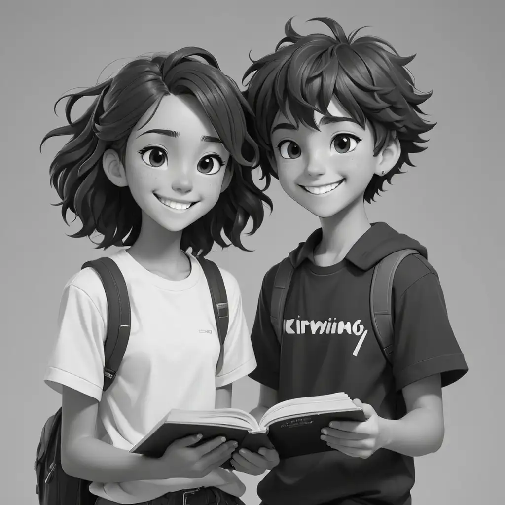 Black and White Teens Smiling Together with Journal in Anime Style