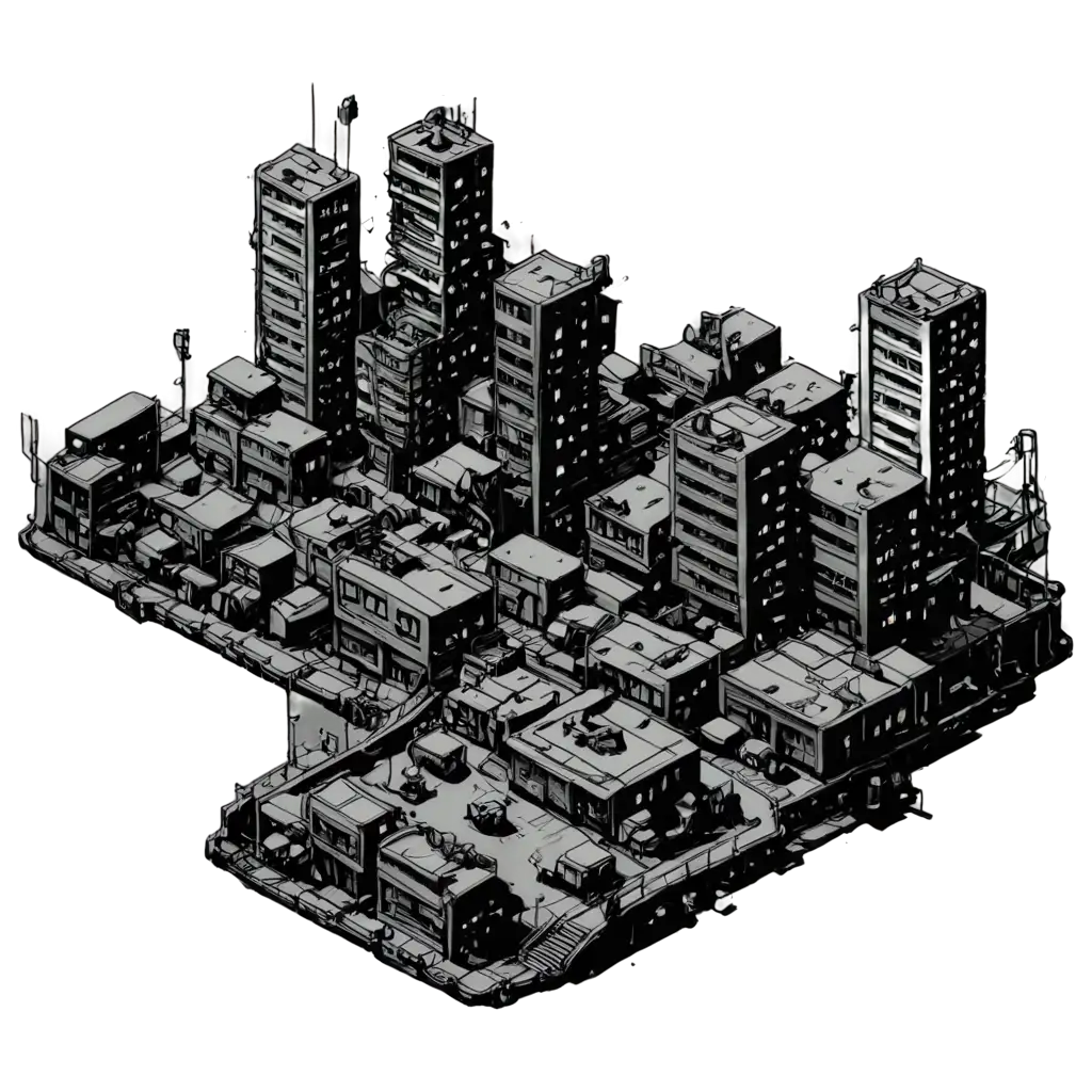 Japanese-Anime-Style-Black-and-White-Pen-and-Ink-Cyberpunk-City-Isometric-PNG-Image