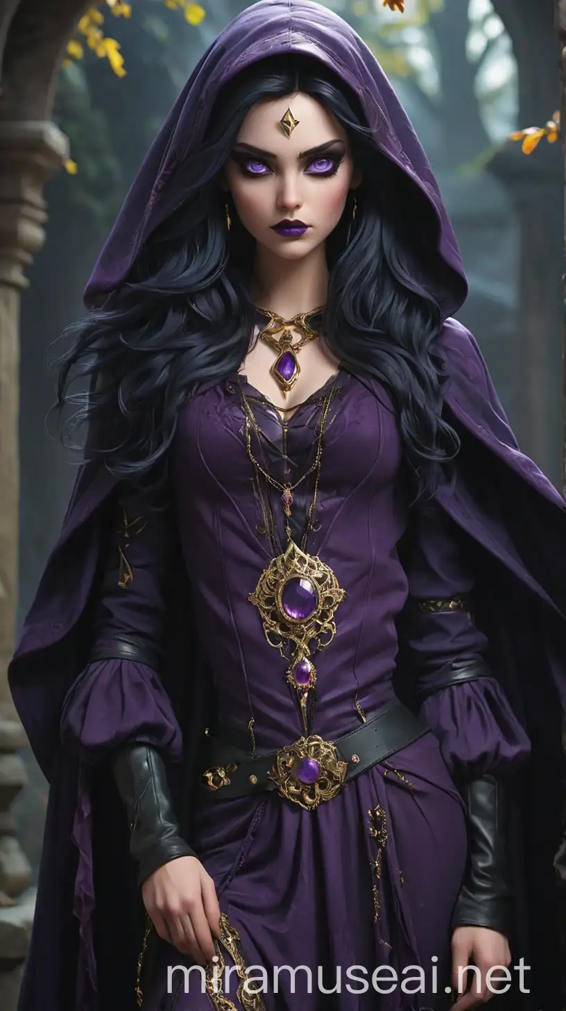 Enchanting Adult Morgana Le Fay in Dark Blue Velvet Gown and Amethyst Accents