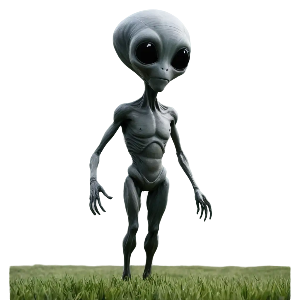 A high-quality, HD image of a creepy grey alien floating above the ground in a vast, open field. The alien has an oversized head, with tiny eyes and a wide, expressionless mouth. Its body appears ethereal and translucent, casting a haunting shadow on the grassy field. The atmosphere is eerie and mysterious, with a touch of aesthetic appeal.