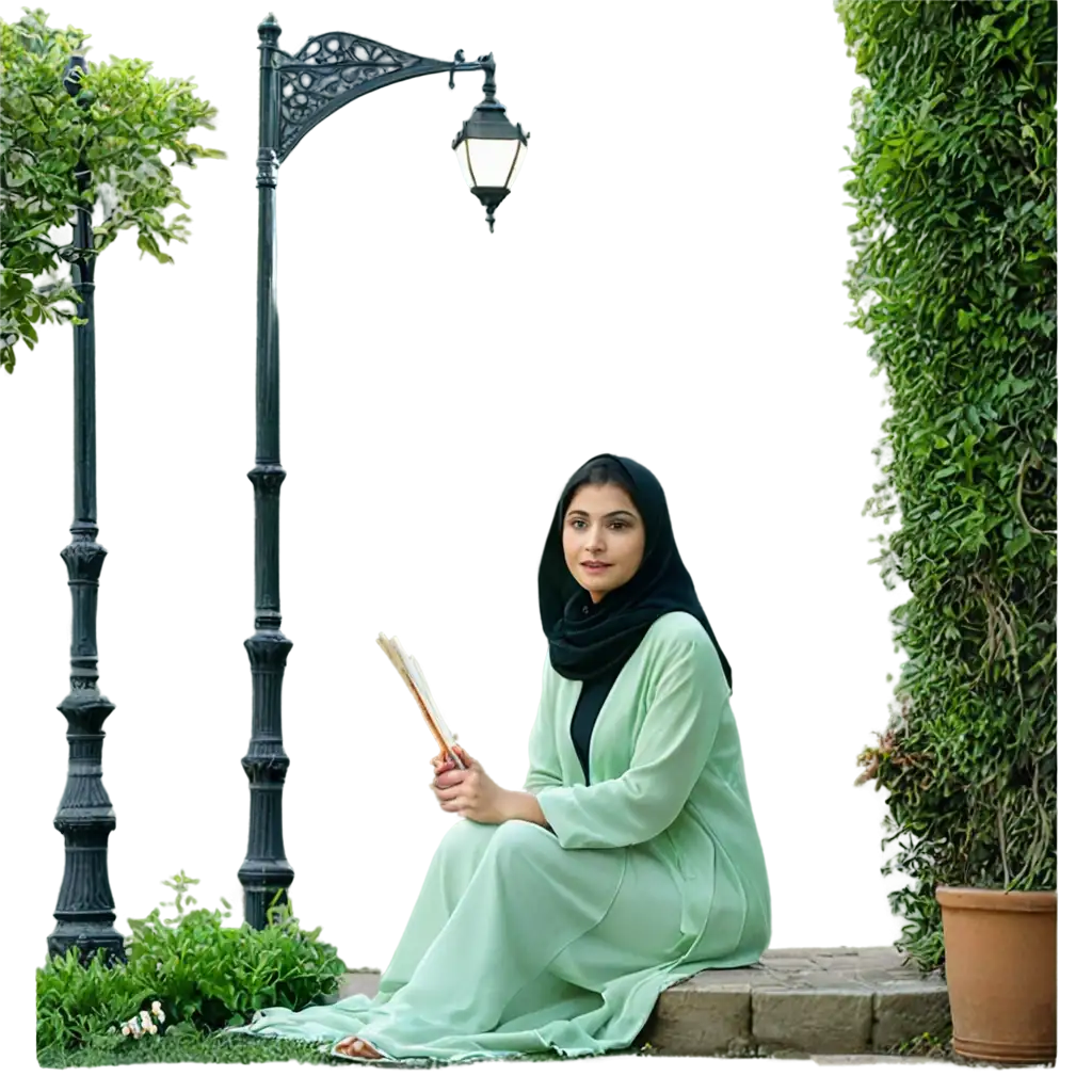 a girl with light green color abaya seating in a garden below the street light
