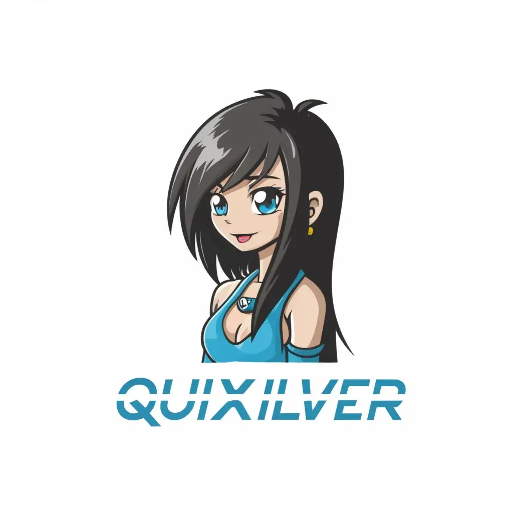a logo design, with the text 'quixilver', main symbol: cute anime girl with long black hair and blue eyes, Moderate, to be used in the 'Others' industry, clear background, cleavage, low-cut tank top