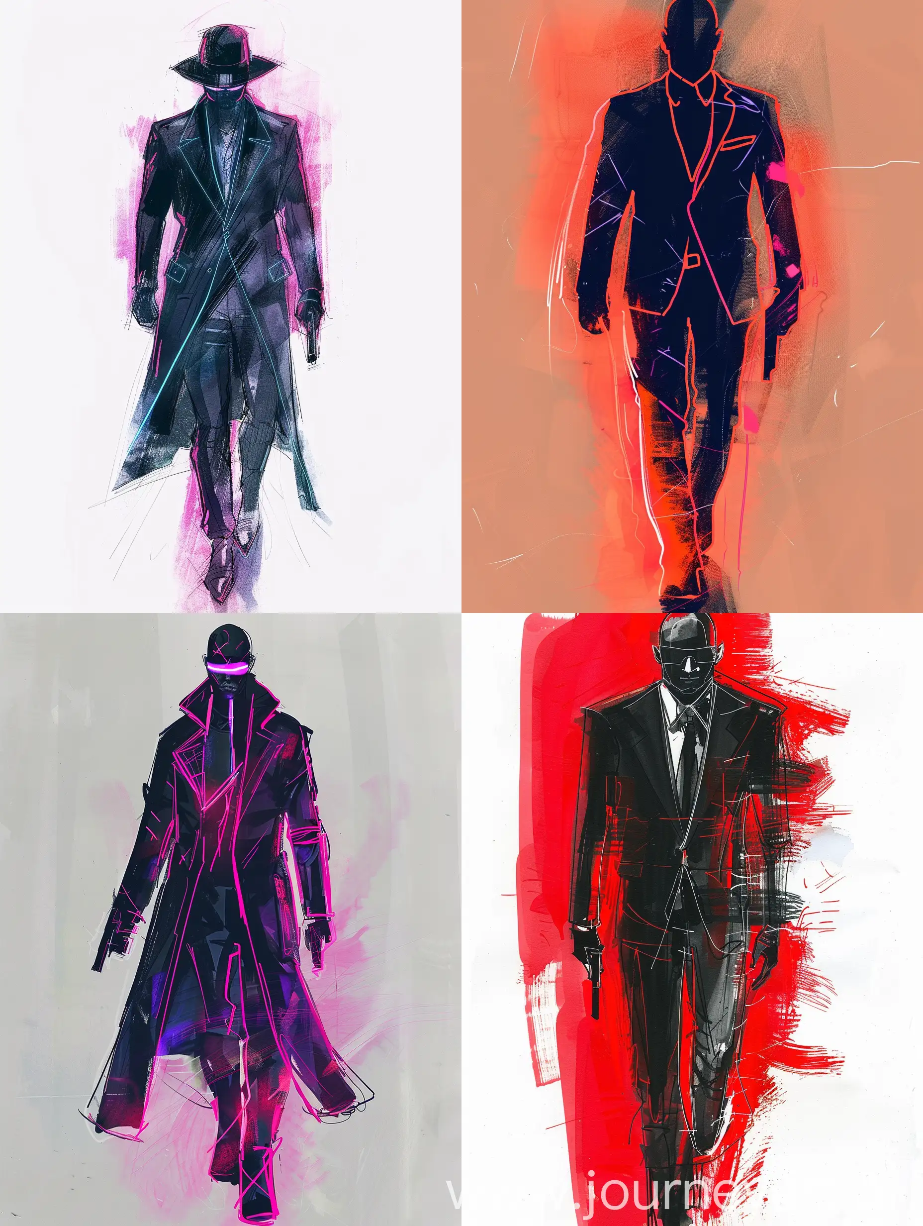 futuristic male agent 47 hitman neon fashion runway sketches minimalist illustration

