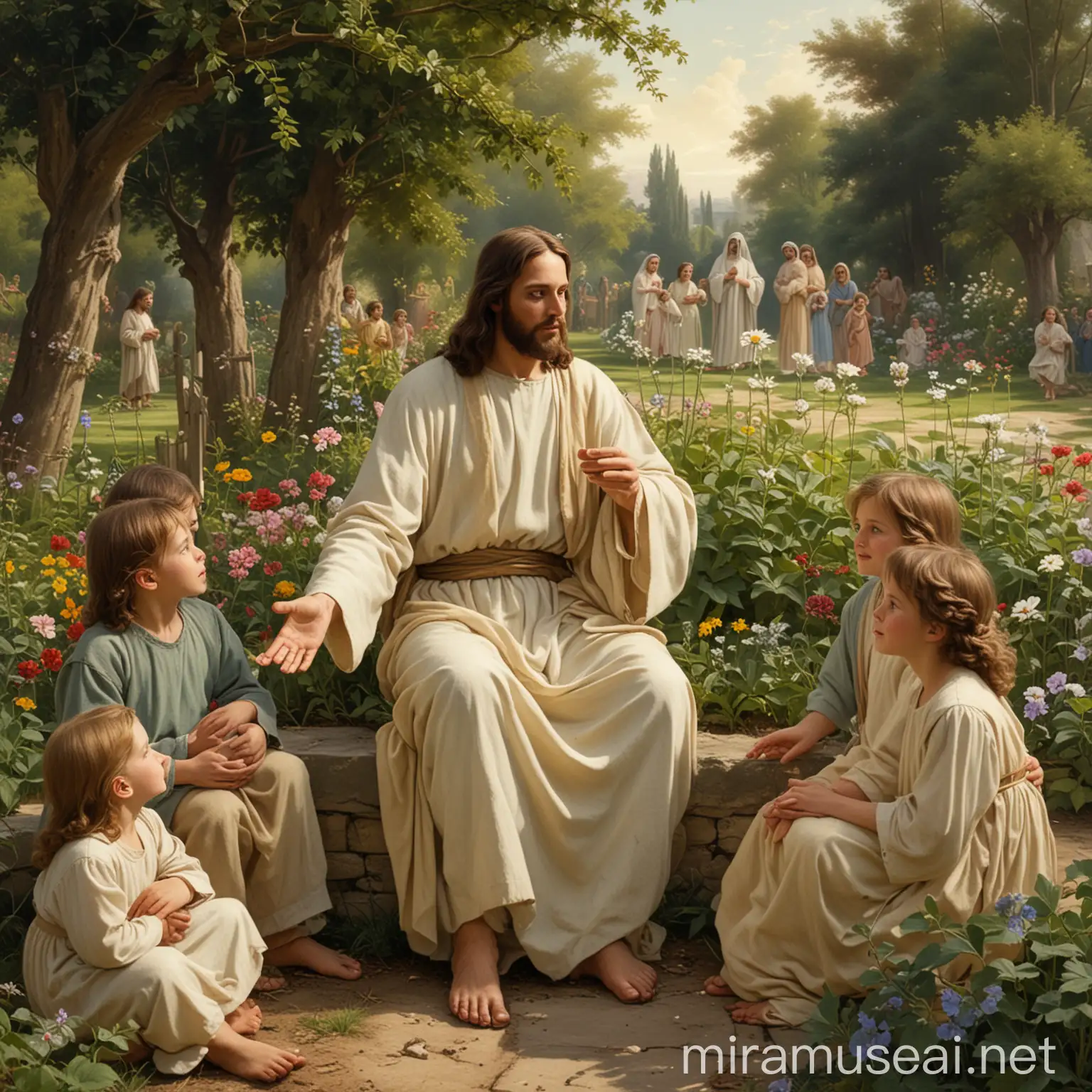 Jesus Christ Teaching Children in a Serene Garden Setting