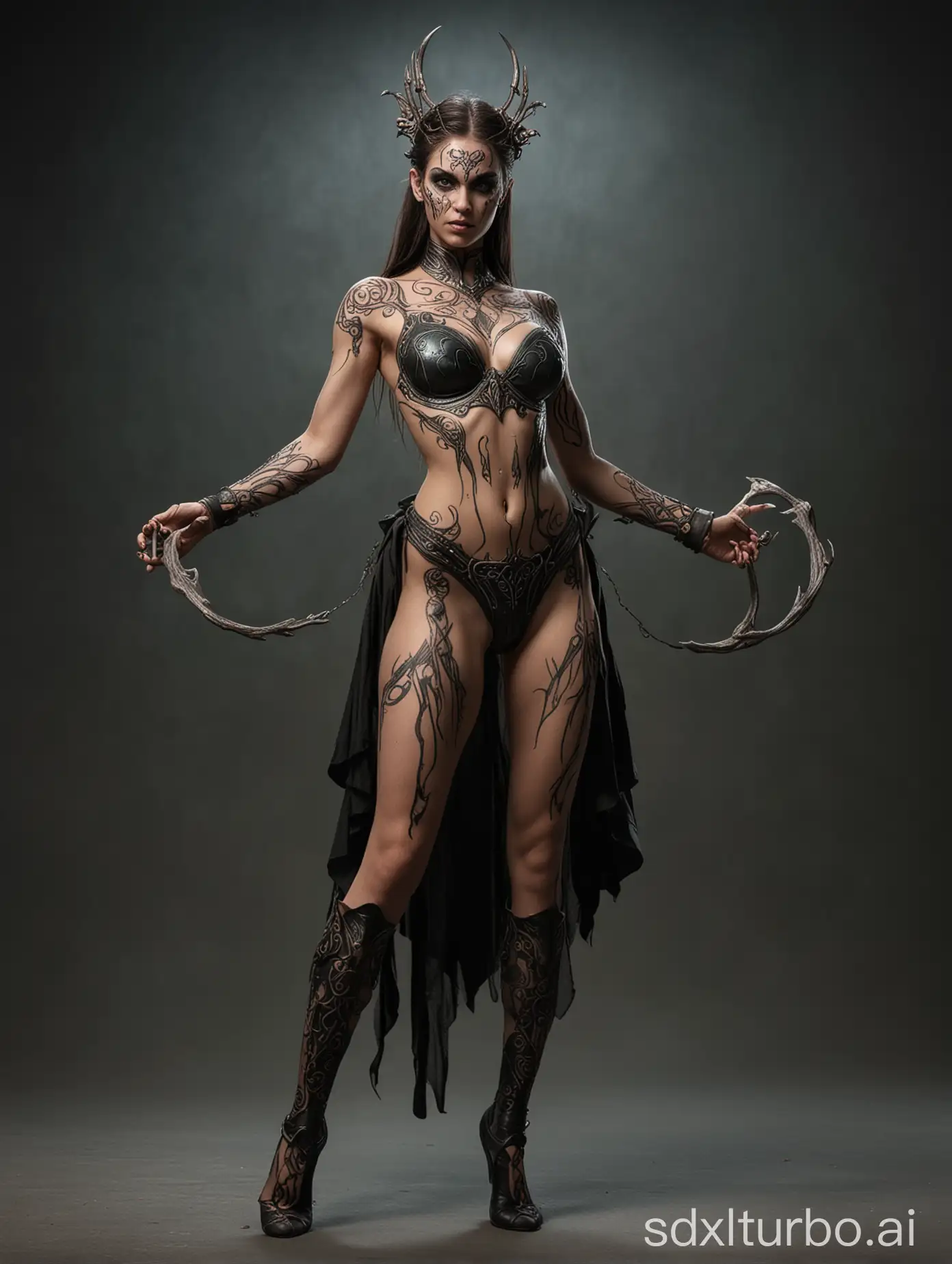 half-naked, body art, female, enchantress, action pose, full body, flat background, dark fantasy