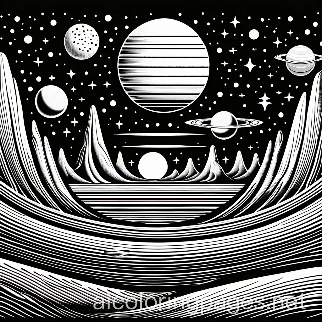 Glow in the dark scenery of another planet with life on it with two suns and three moons., Coloring Page, black and white, line art, white background, Simplicity, Ample White Space. The background of the coloring page is plain white to make it easy for young children to color within the lines. The outlines of all the subjects are easy to distinguish, making it simple for kids to color without too much difficulty