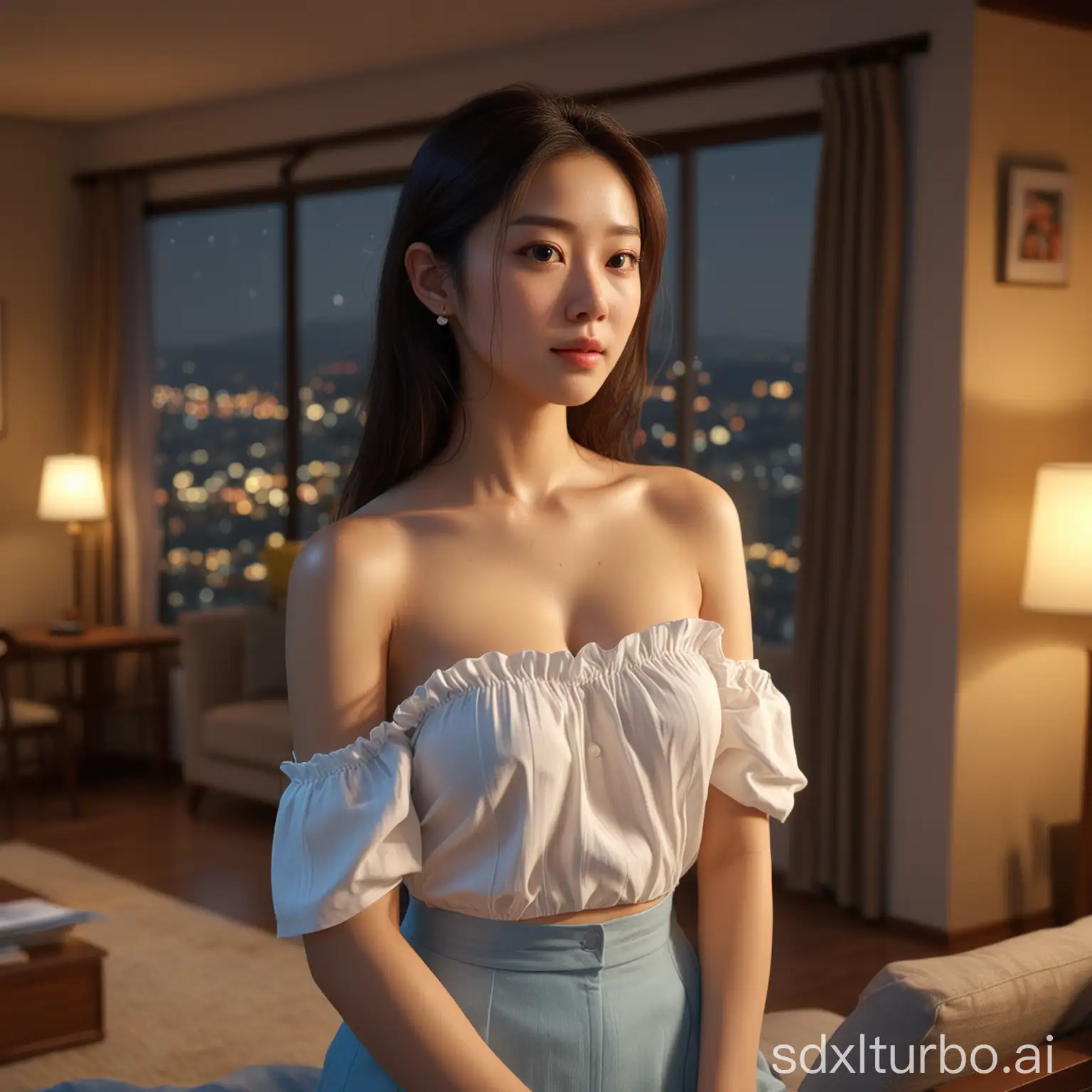 young korean girl, wife, very small breast, off-shoulder clothes, living room, night, realistic, masterpiece, raytraced