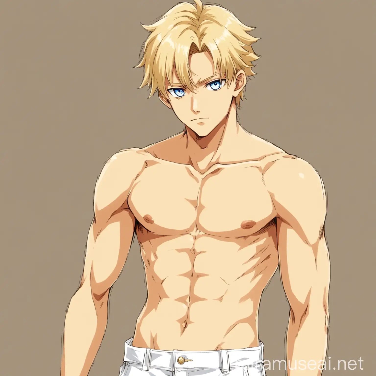 Handsome blonde anime  shirtless boy, he must be in his twenties, he have blu eyes. He have white pants. Draw in One Piece by Eichiro Oda artstyle. he has masculine facial features but which also have the sweetness of feminime. Draw his entire body