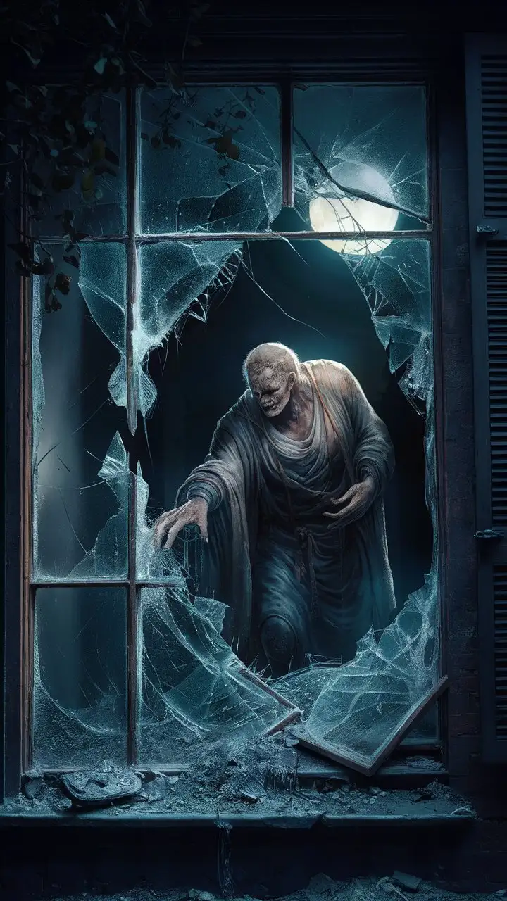 A shattered antique store window with a hulking figure in a tattered robe reaching into the debris.