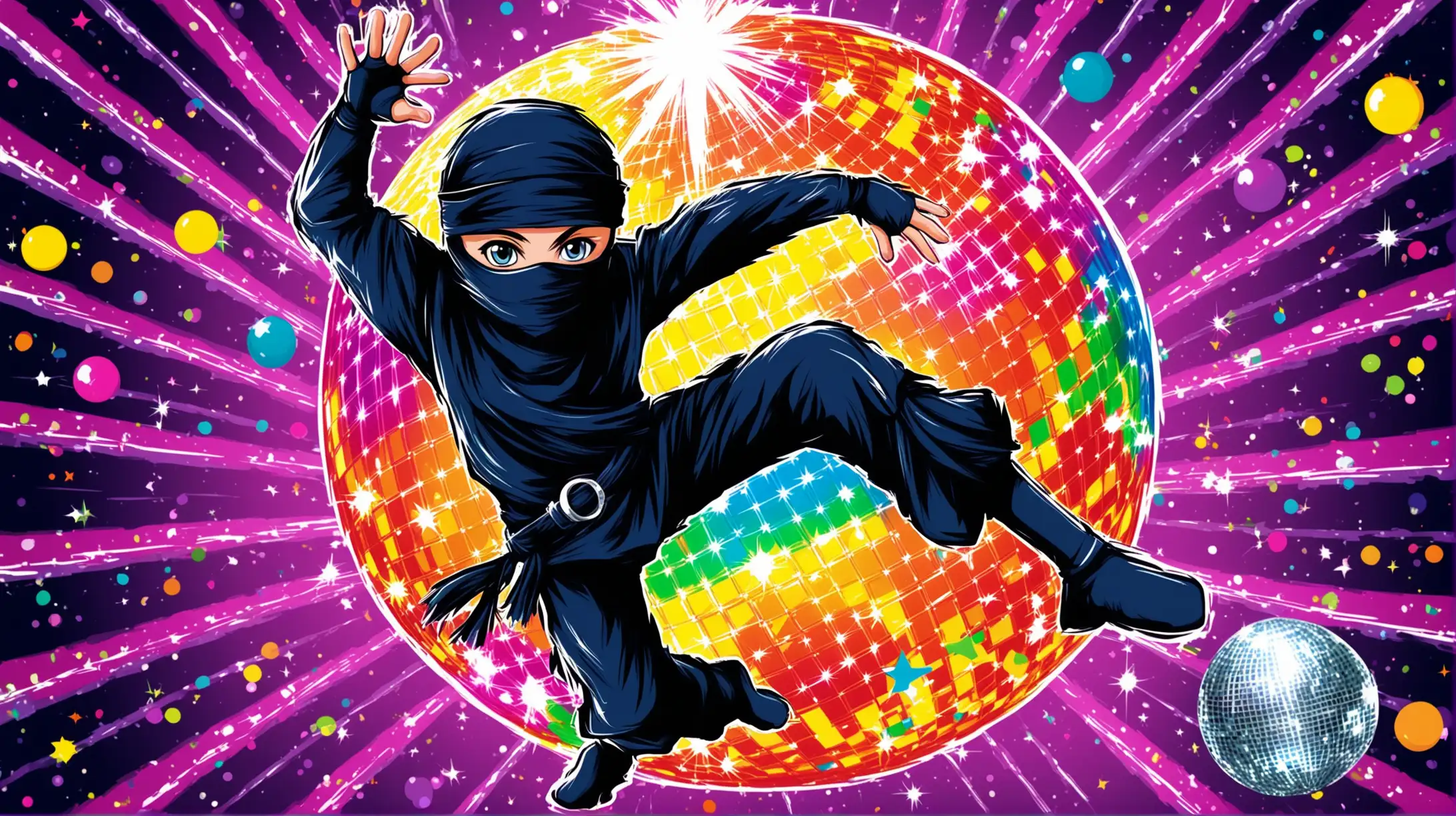 fun abstract poster for a ninja themed kids disco event feating a disco ball