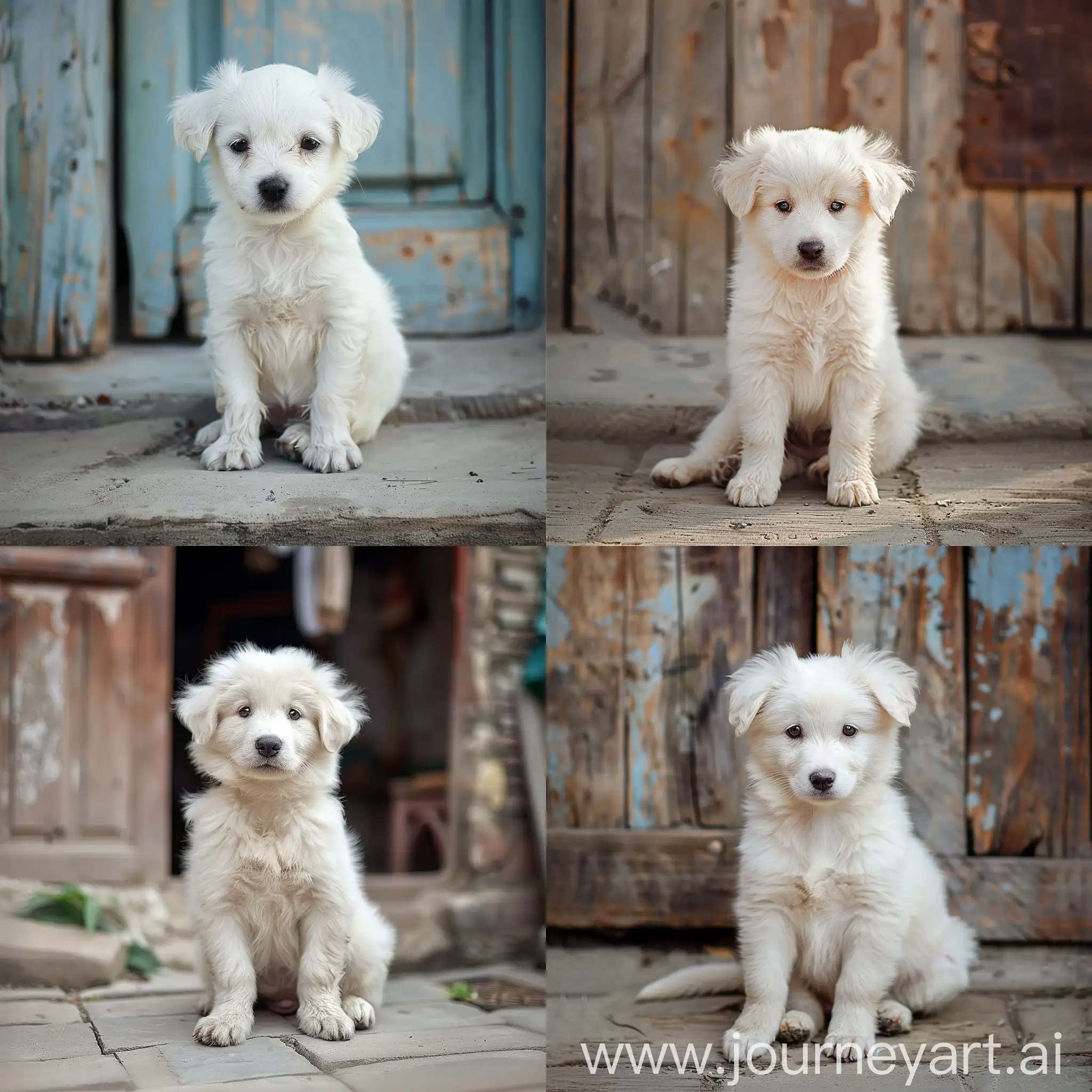 Adorable-White-Puppy-Awaits-in-Village-Yard