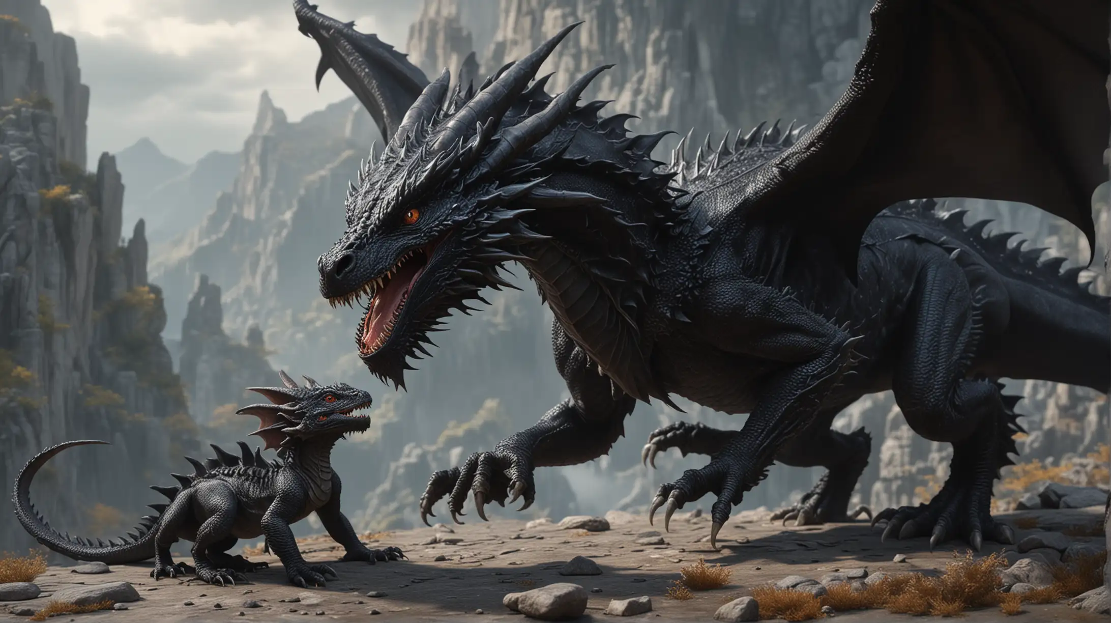 Un grand dragon noir et son bébé, captivant, hyperréaliste de haute qualité, 8K Ultra HD.