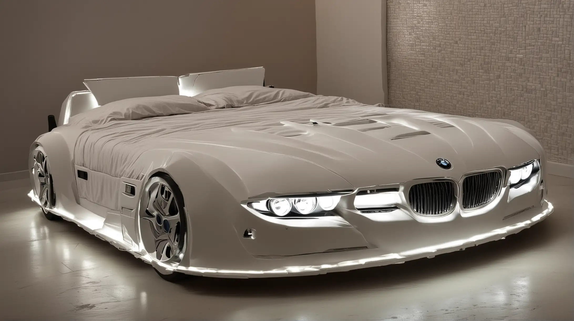 Luxury Double Bed Shaped like a BMW Car with Illuminated Headlights