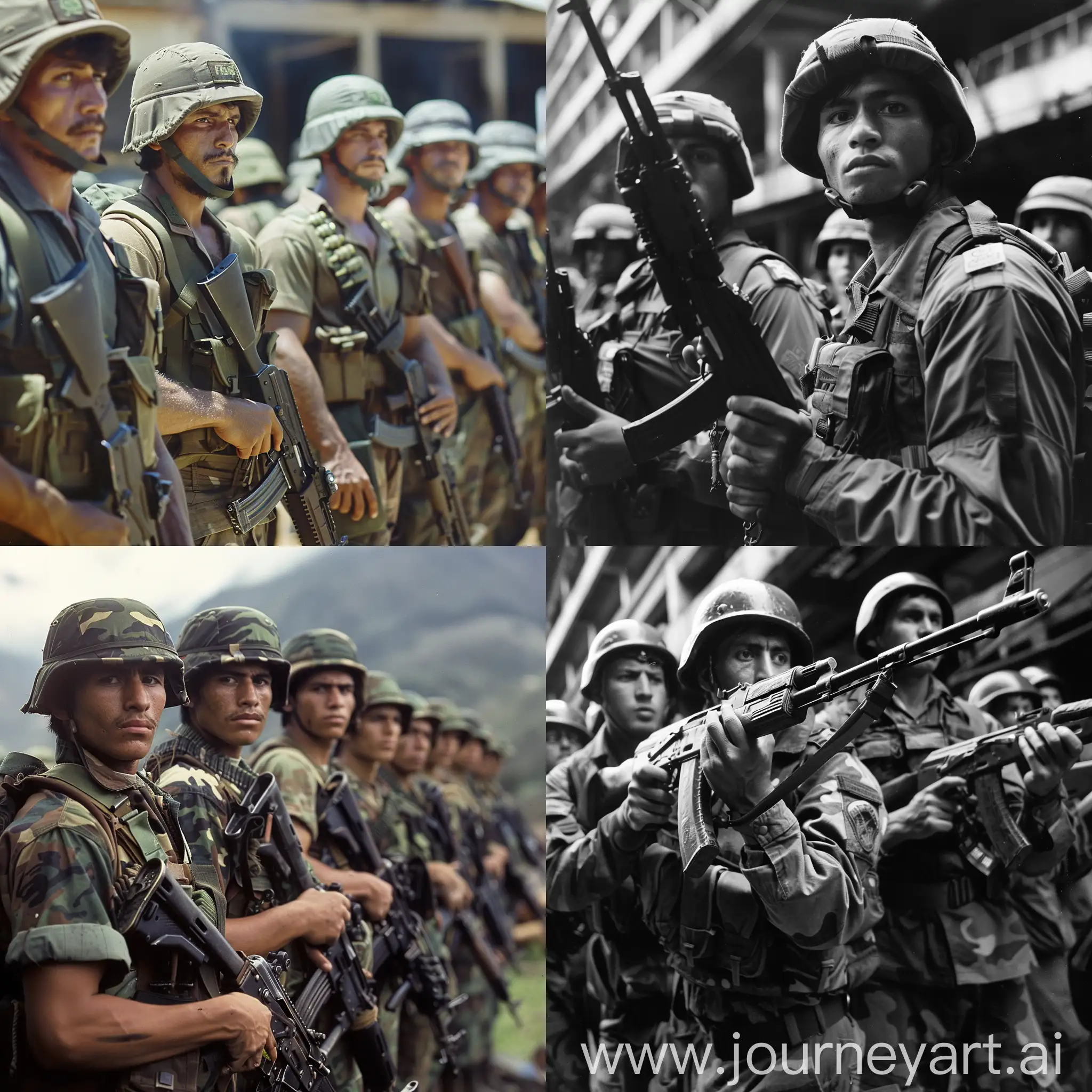 Soldiers of the South American Private Military Company, fully armed with automatic rifles in their hands, in 1986.