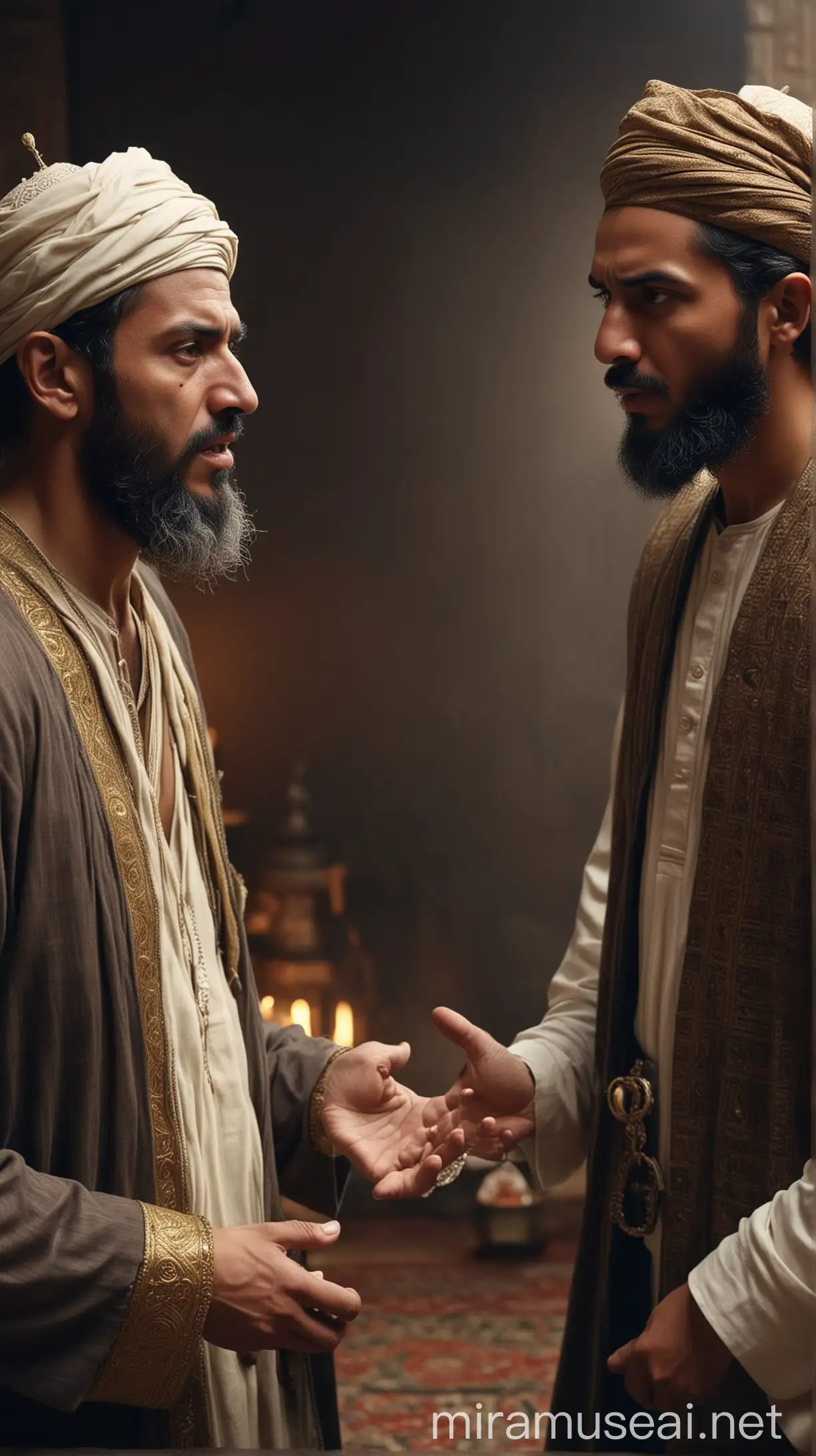 Dispute between a poor man and a wealthy merchant: Two figures stand in the center of attention, engaged in a heated discussion, their expressions reflecting their conflicting emotions of frustration and determination.
 islamic  tradition HD and 4K