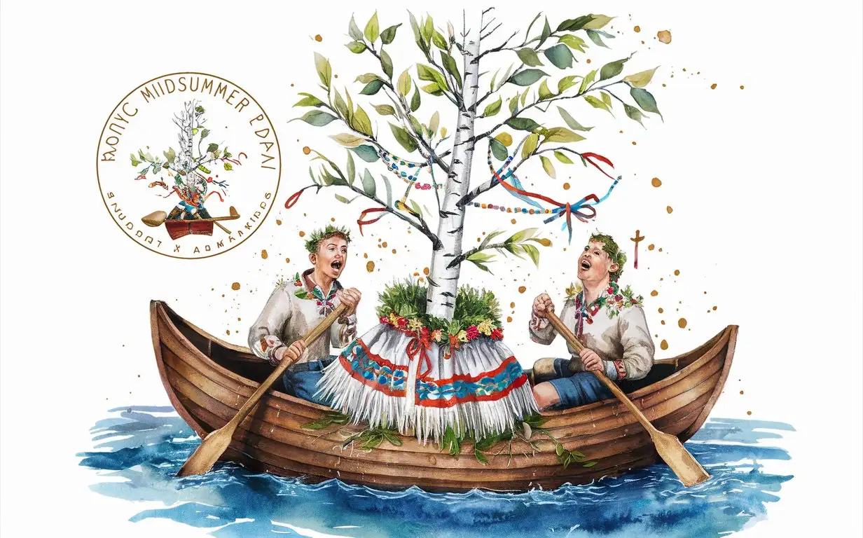 round shape logo with midsummer day aesthetics, a cut down young white birch tree in a boat in the middle of the river, with delicate green leaves and colored ribbons and beads and crosses hanging on the branches, birch tree is dressed up in a folk skirt and a Russian shawl, two joyful young men wearing linen folk shirts are rowing a boat and singing, wearing flower wreaths, Slavic celebration, aquarelle style, magical, golden pigment, watercolor drawing