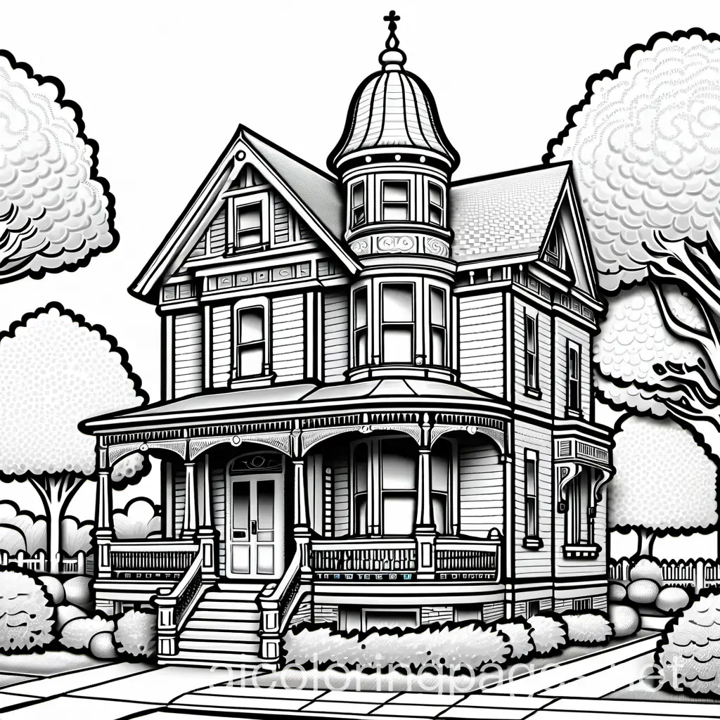 Victorian house, Coloring Page, black and white, line art, white background, Simplicity, Ample White Space. The background of the coloring page is plain white to make it easy for young children to color within the lines. The outlines of all the subjects are easy to distinguish, making it simple for kids to color without too much difficulty