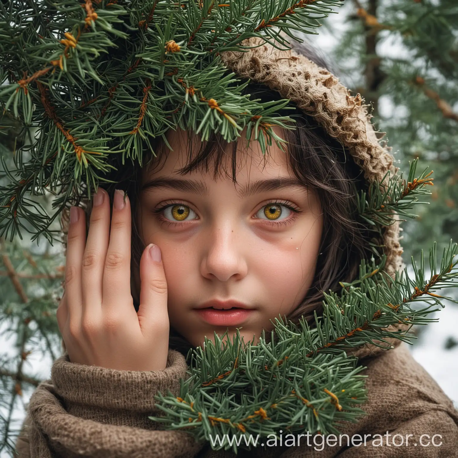 Girl-with-Yellow-Eyes-Holding-Fir-Branch-in-Winter-Forest