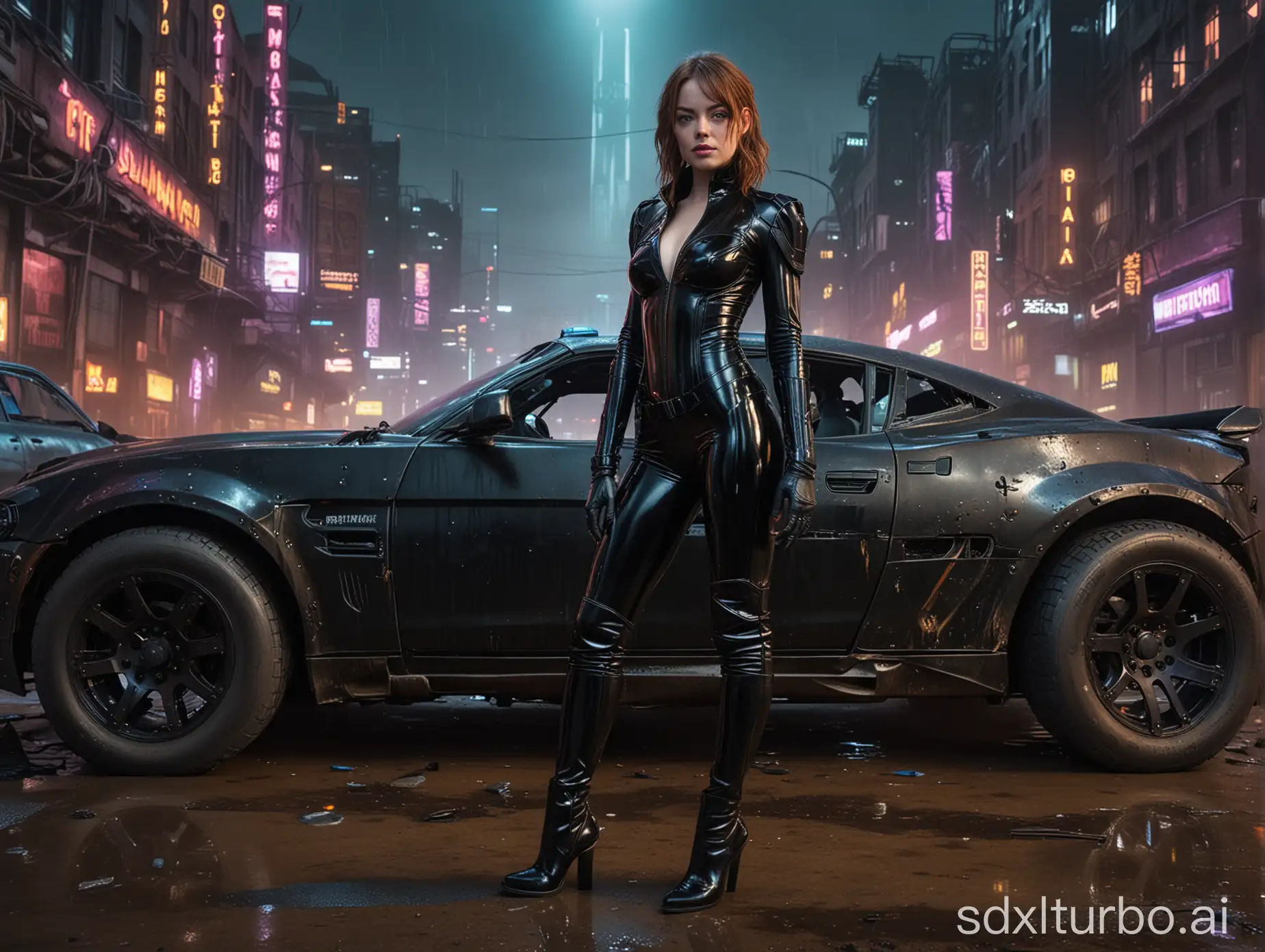 realistic hd photo , cyberpunk police Emma Stone standing , wearing black low-cut shinny pvc catsuit , wearing long shiny pvc gloves , wearing shinny pvc thigh high boots , in destroyed cyberpunk city with mad max car , inlighted by neons