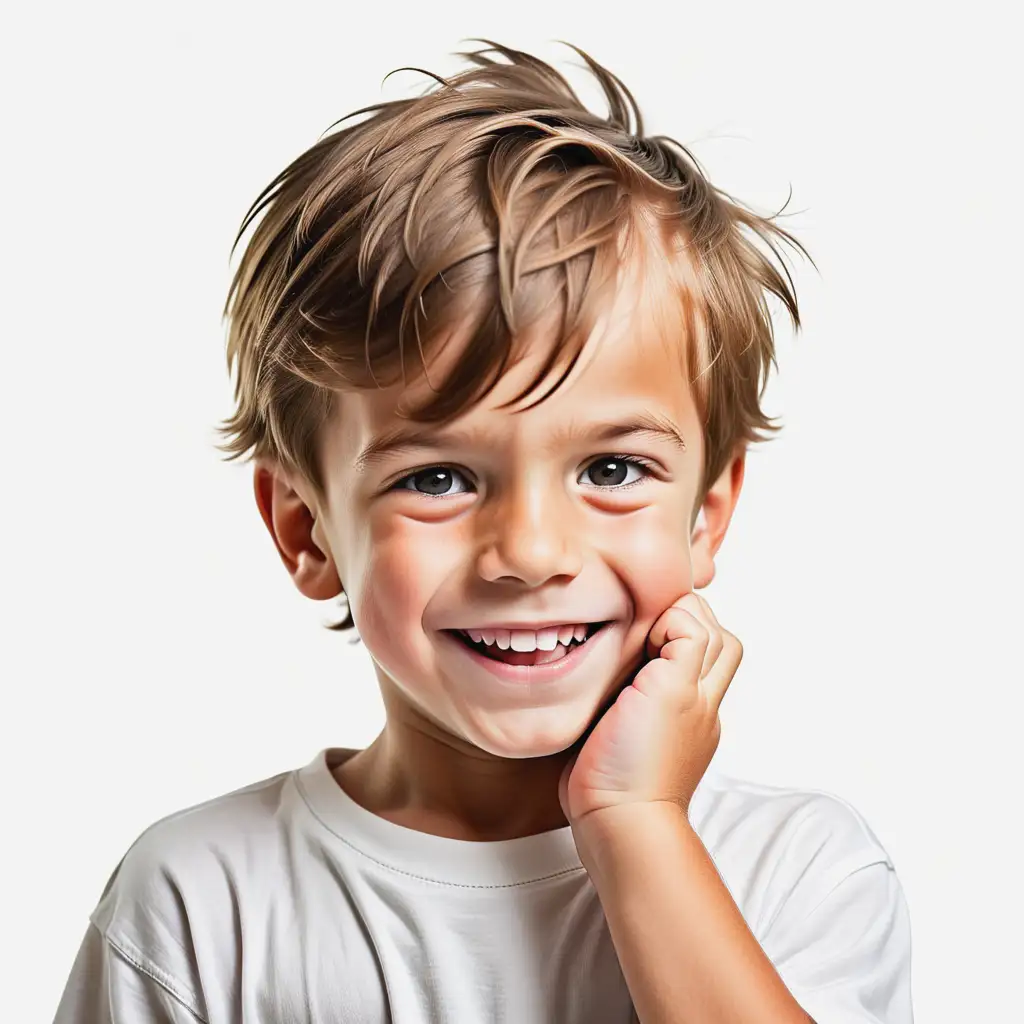 Joyful Young Boy Lost in Thought on a White Background